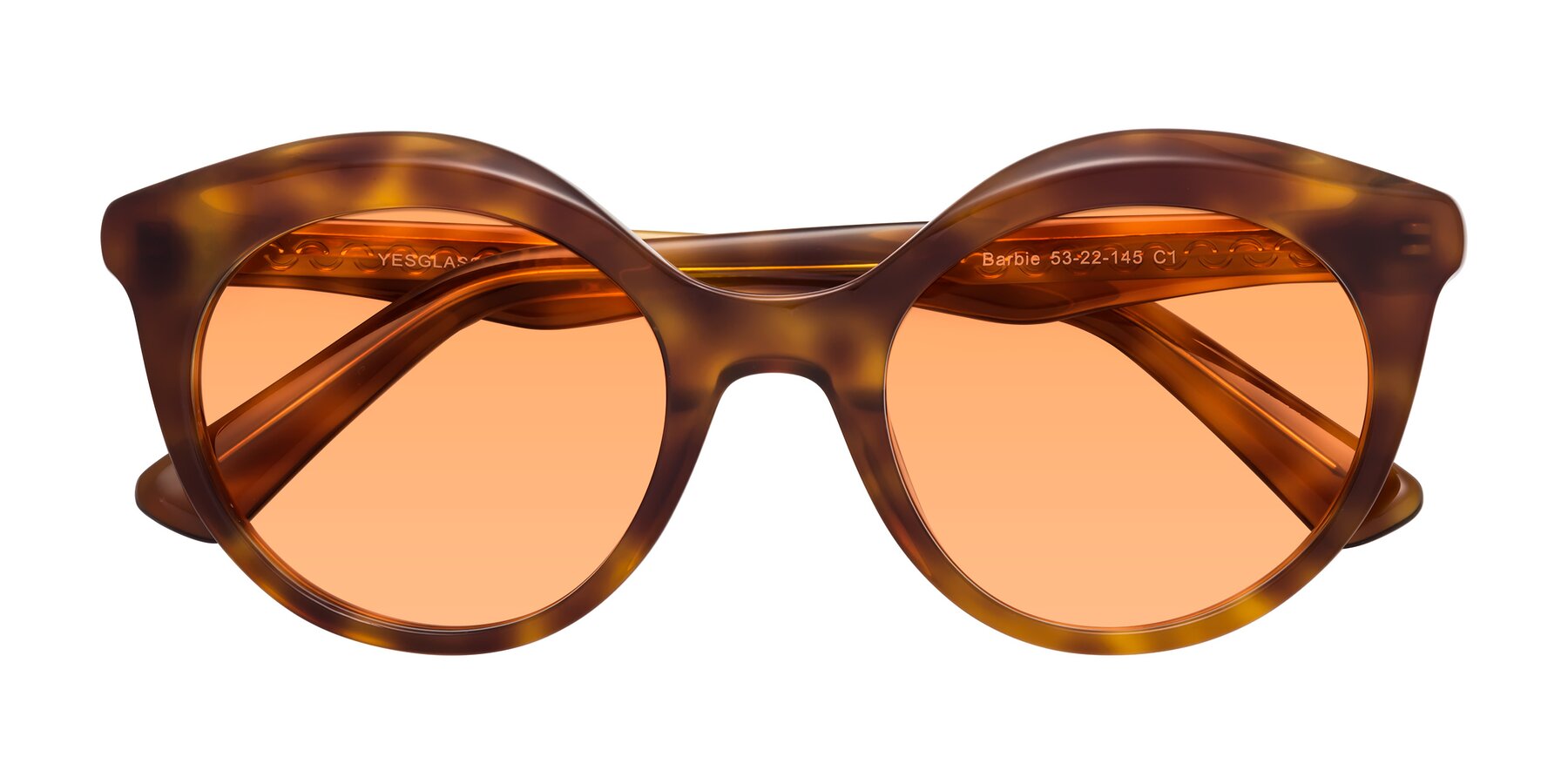 Folded Front of Barbie in Amber Tortoise with Medium Orange Tinted Lenses