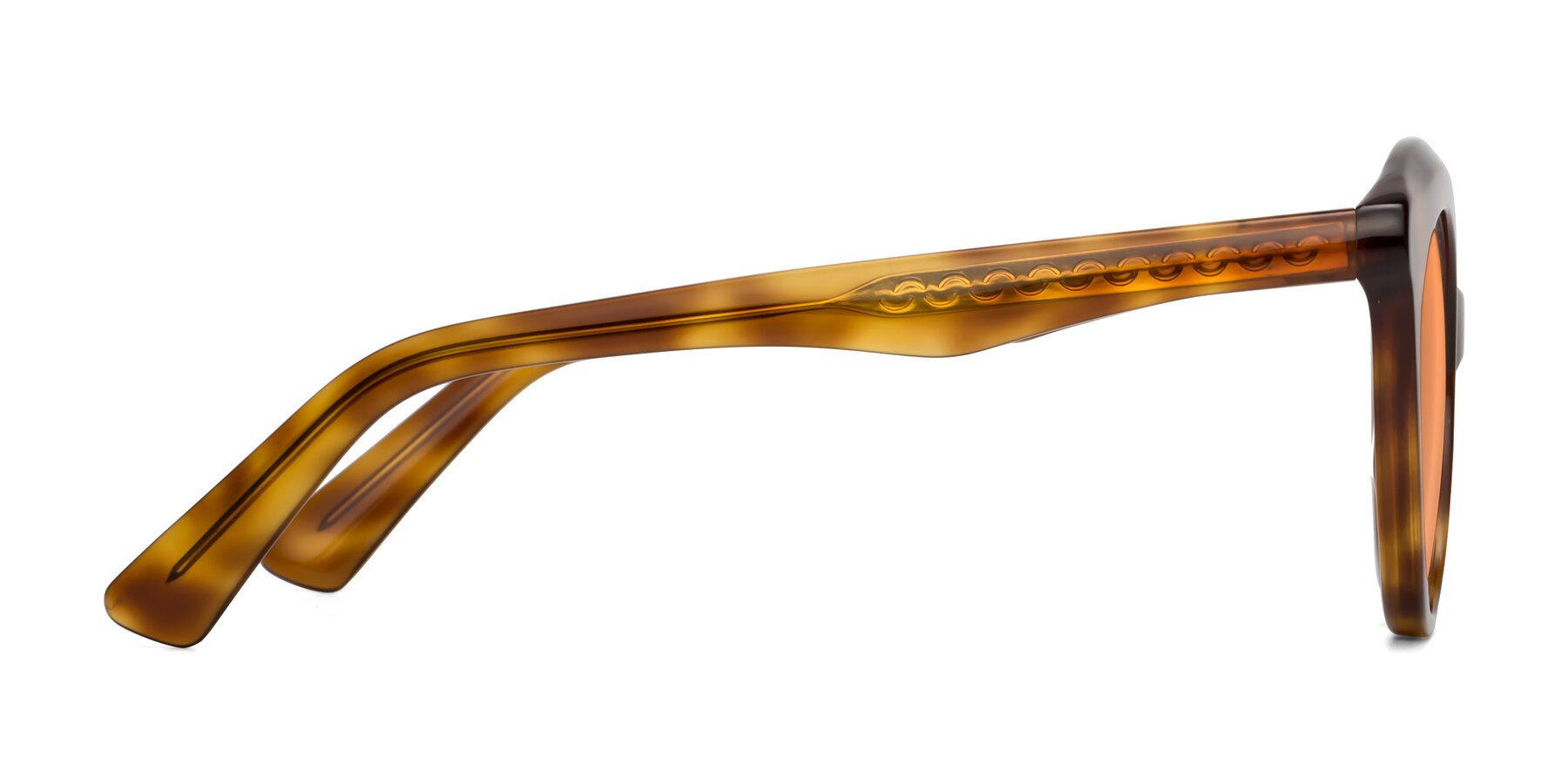 Side of Barbie in Amber Tortoise with Medium Orange Tinted Lenses