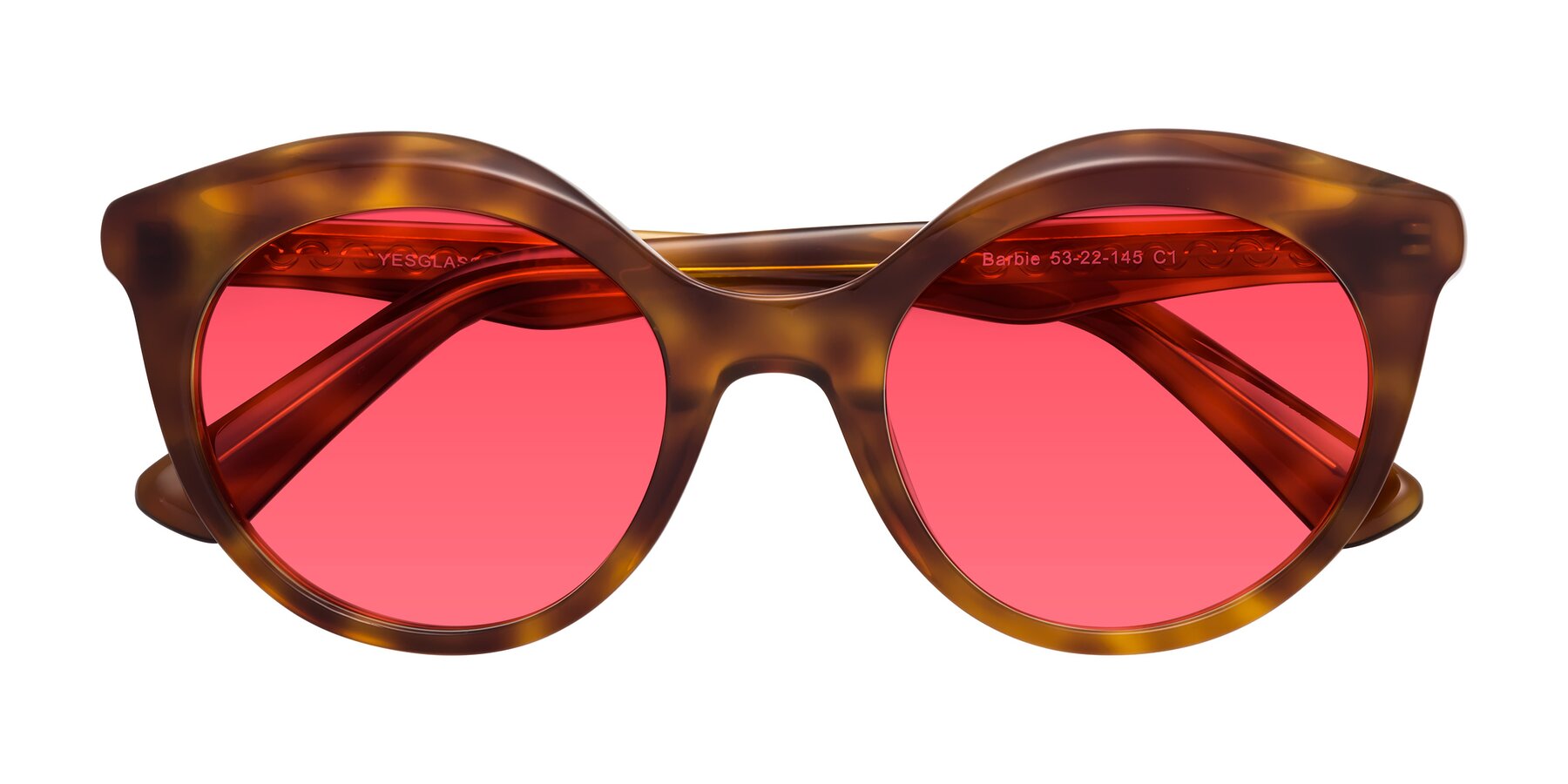 Folded Front of Barbie in Amber Tortoise with Red Tinted Lenses