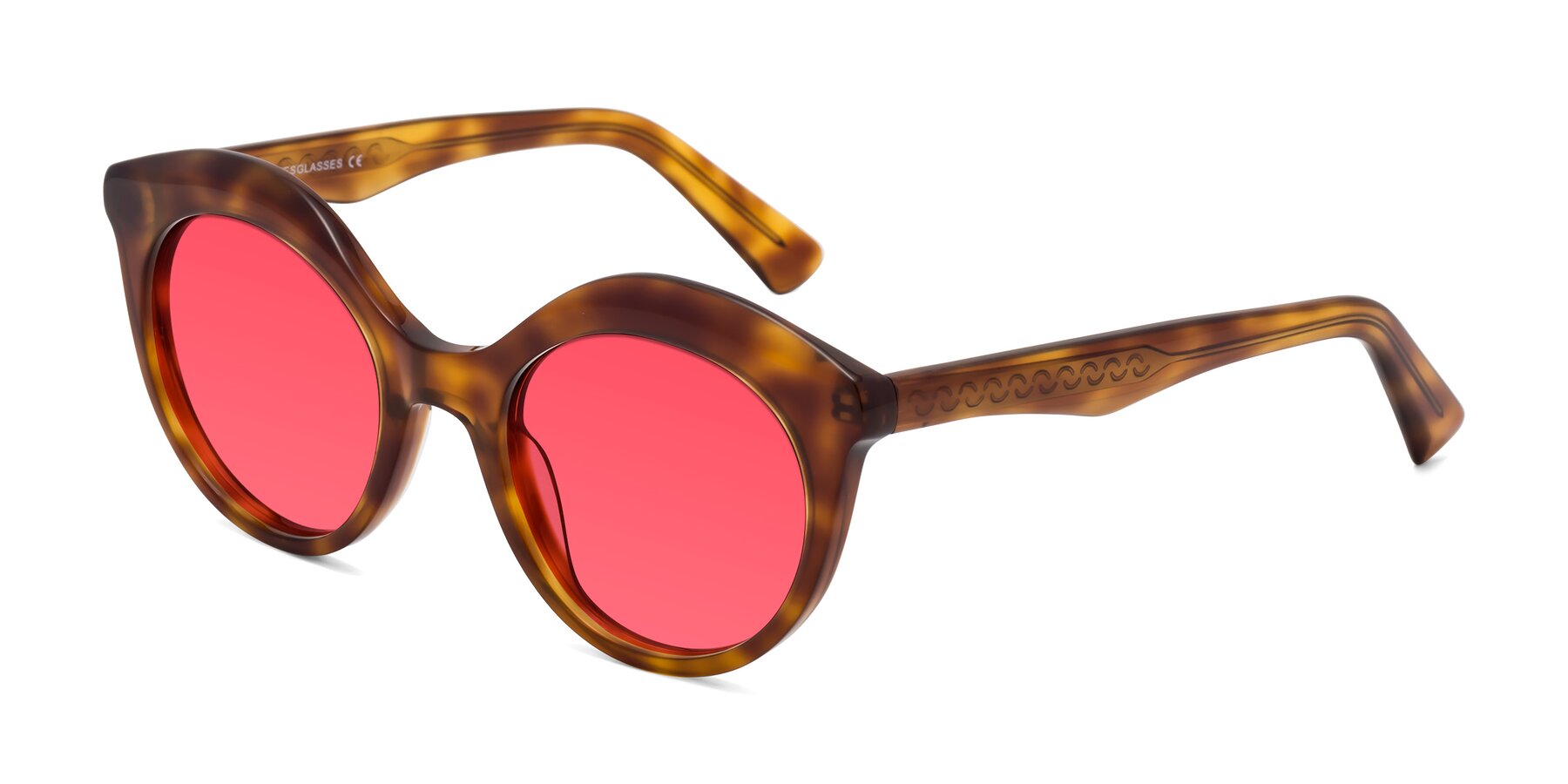 Angle of Barbie in Amber Tortoise with Red Tinted Lenses