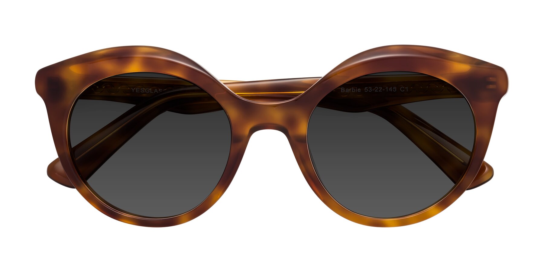 Folded Front of Barbie in Amber Tortoise with Gray Tinted Lenses