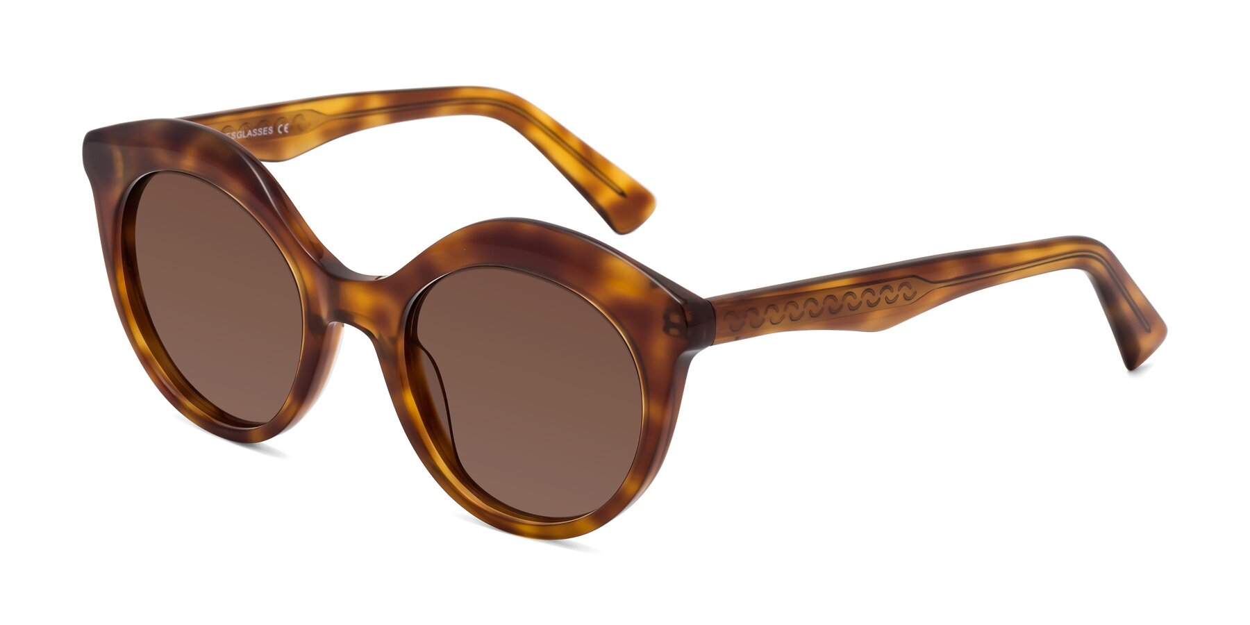 Angle of Barbie in Amber Tortoise with Brown Tinted Lenses