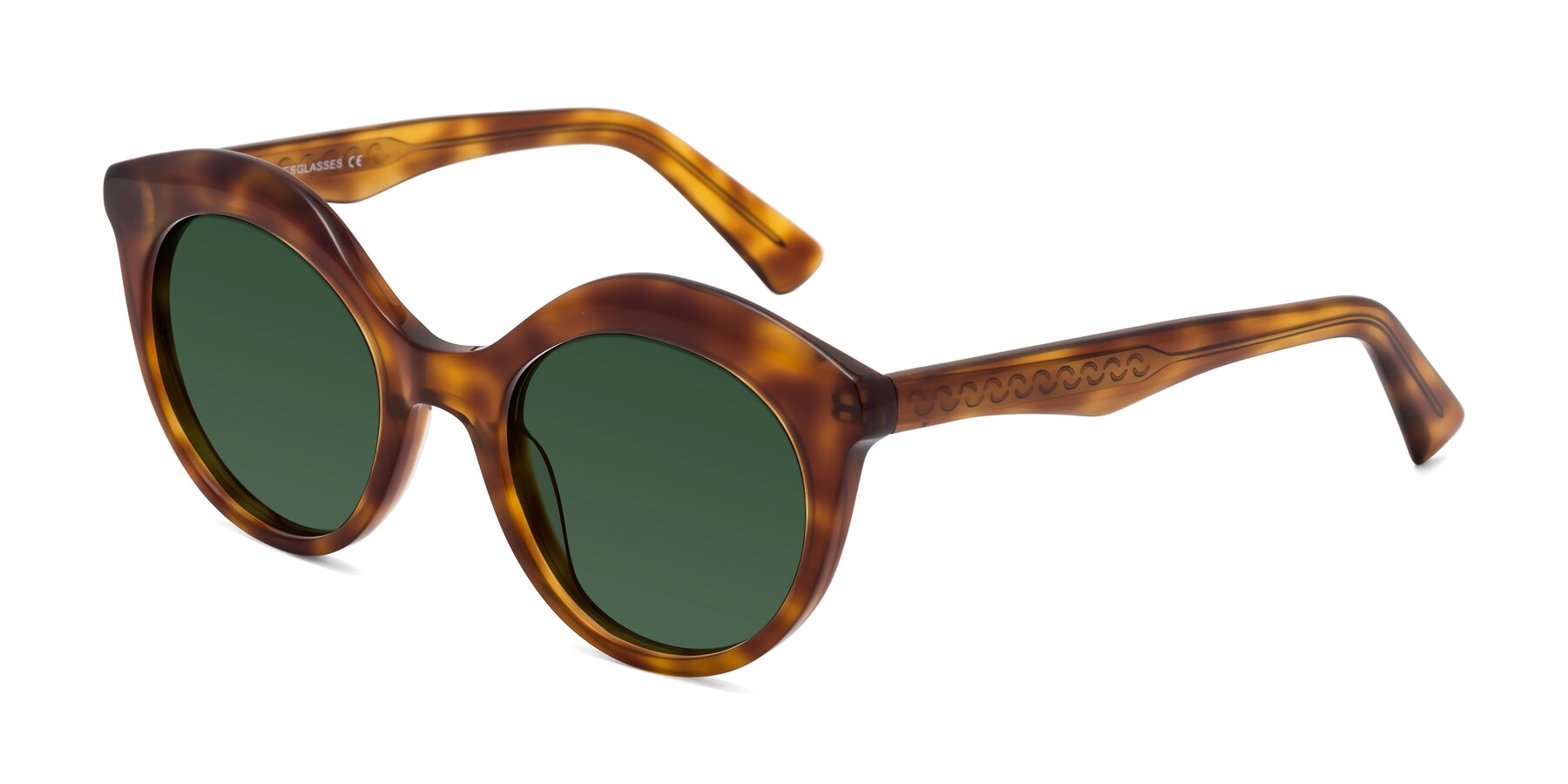 Angle of Barbie in Amber Tortoise with Green Tinted Lenses