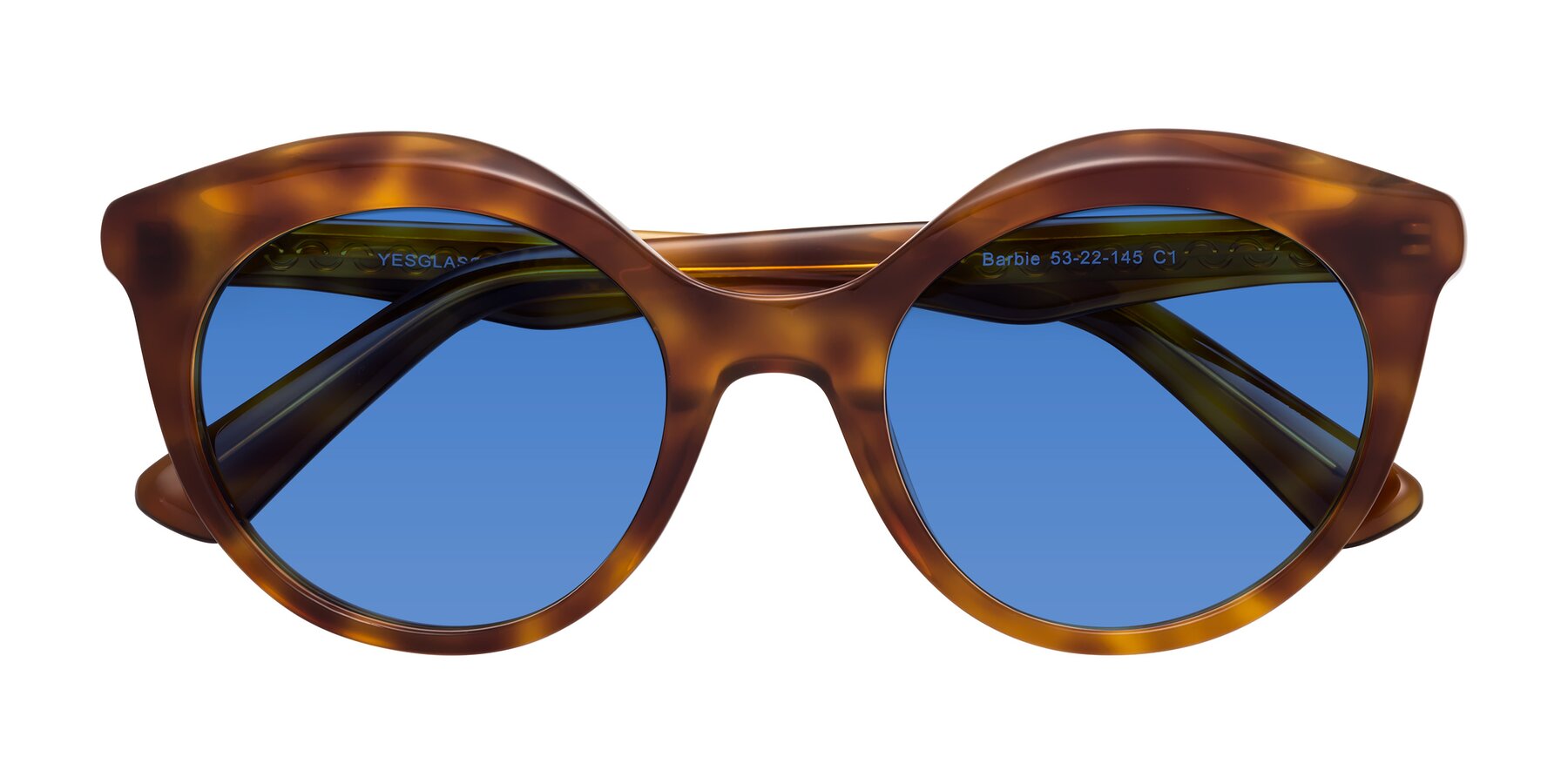 Folded Front of Barbie in Amber Tortoise with Blue Tinted Lenses