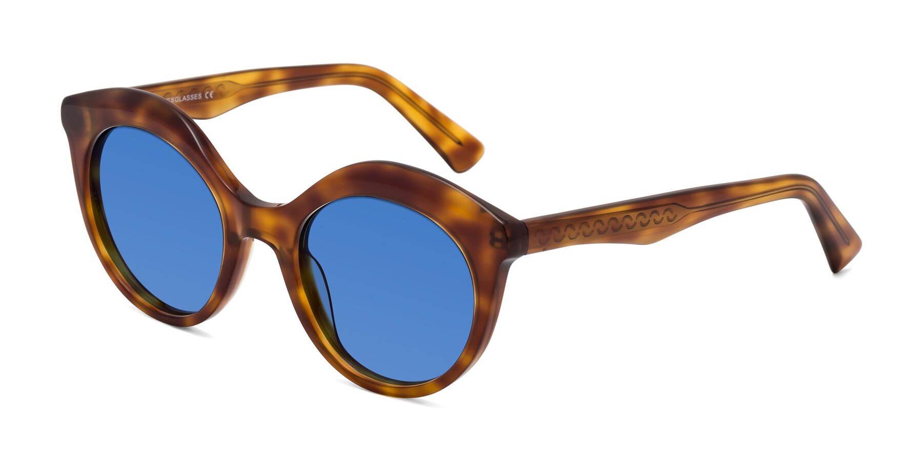 Angle of Barbie in Amber Tortoise with Blue Tinted Lenses