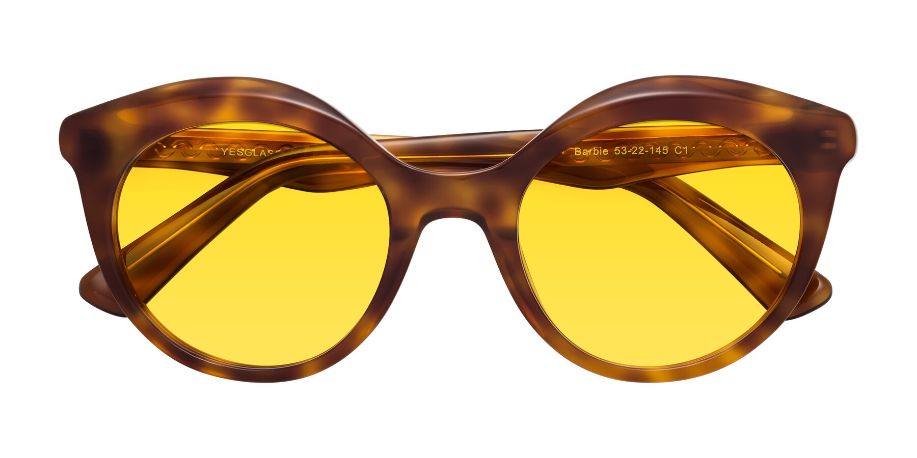 Folded Front of Barbie in Amber Tortoise with Yellow Tinted Lenses