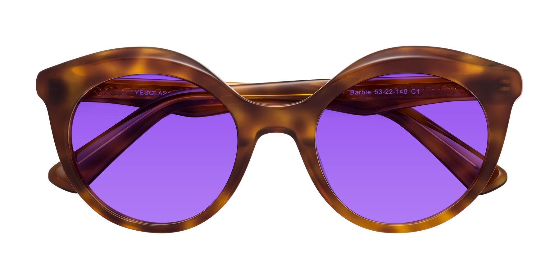 Folded Front of Barbie in Amber Tortoise with Purple Tinted Lenses