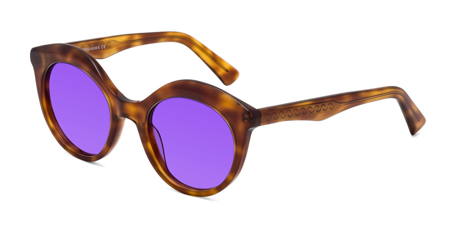 Angle of Barbie in Amber Tortoise with Purple Tinted Lenses