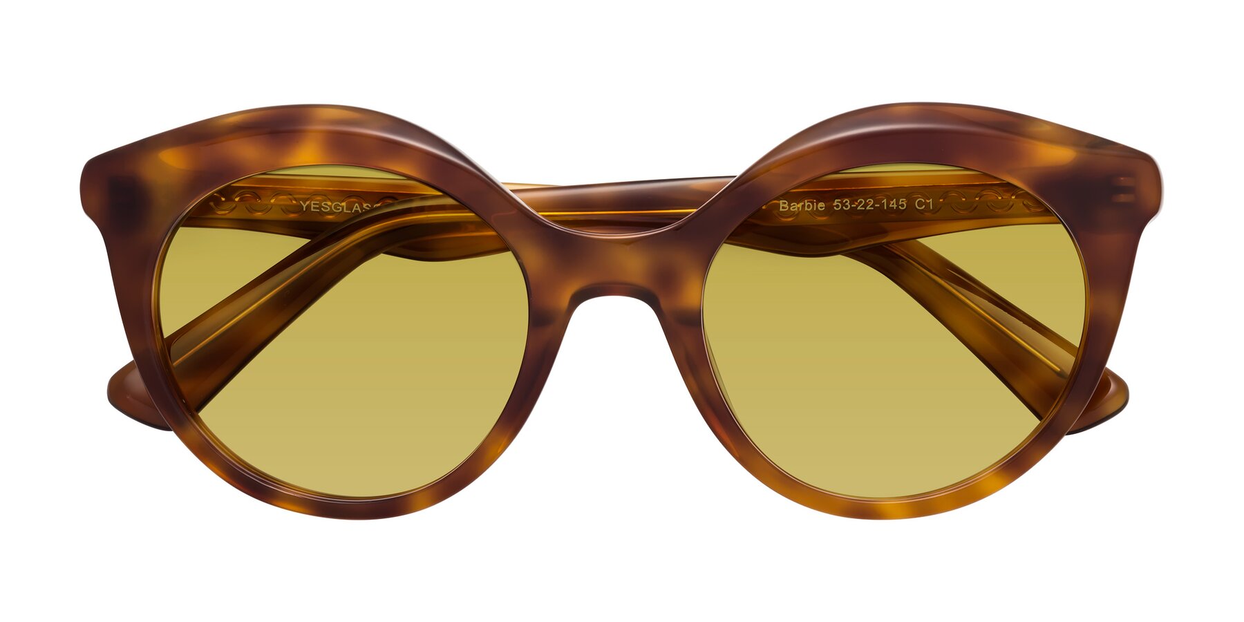 Folded Front of Barbie in Amber Tortoise with Champagne Tinted Lenses