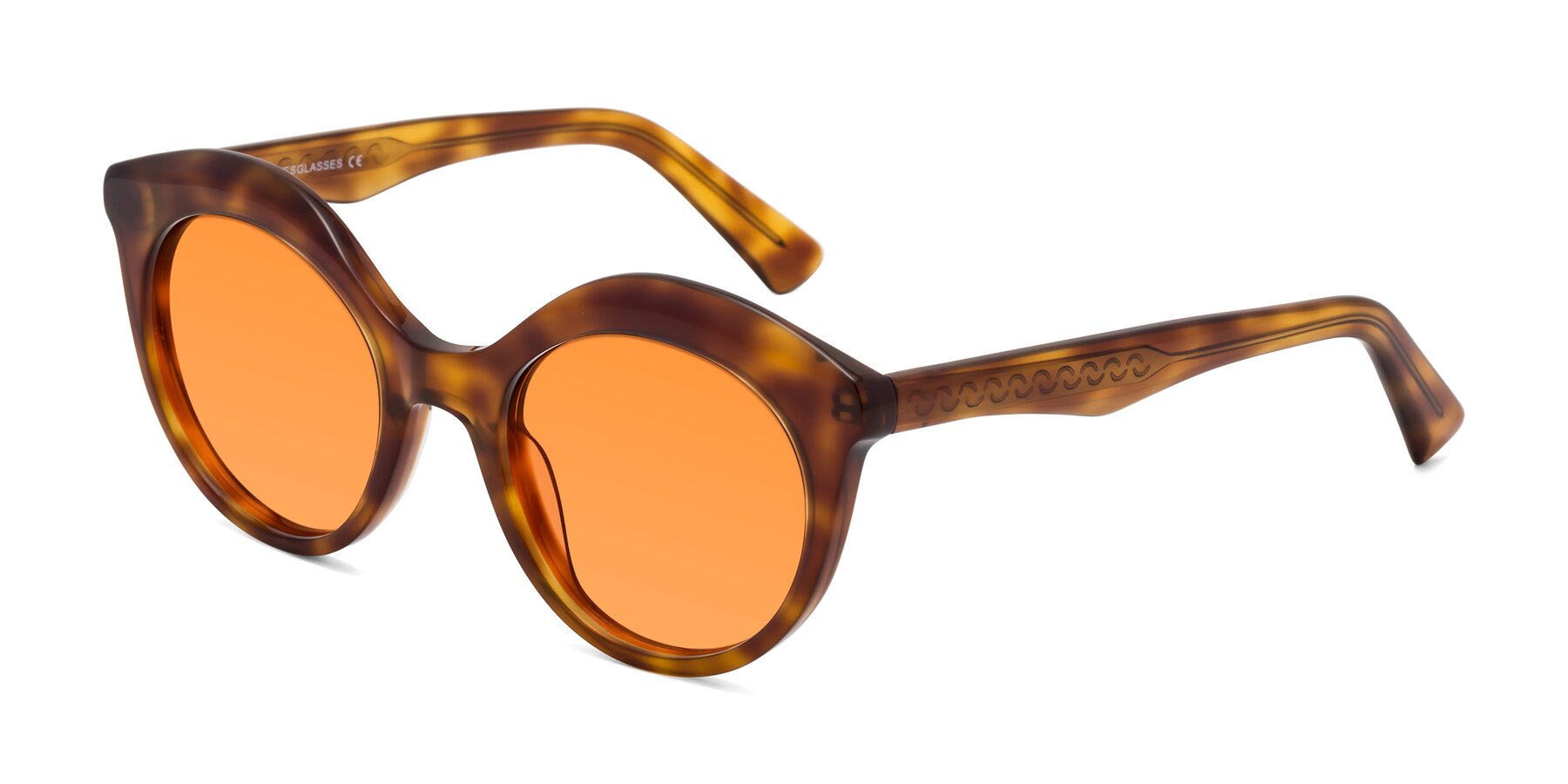 Angle of Barbie in Amber Tortoise with Orange Tinted Lenses