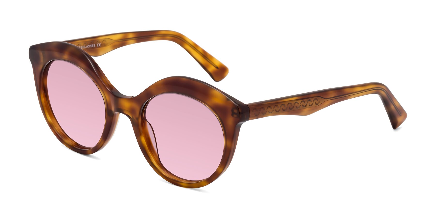 Angle of Barbie in Amber Tortoise with Light Wine Tinted Lenses