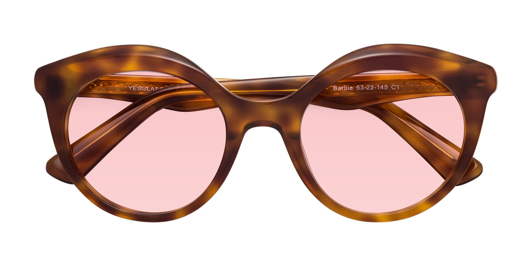 Folded Front of Barbie in Amber Tortoise with Light Garnet Tinted Lenses