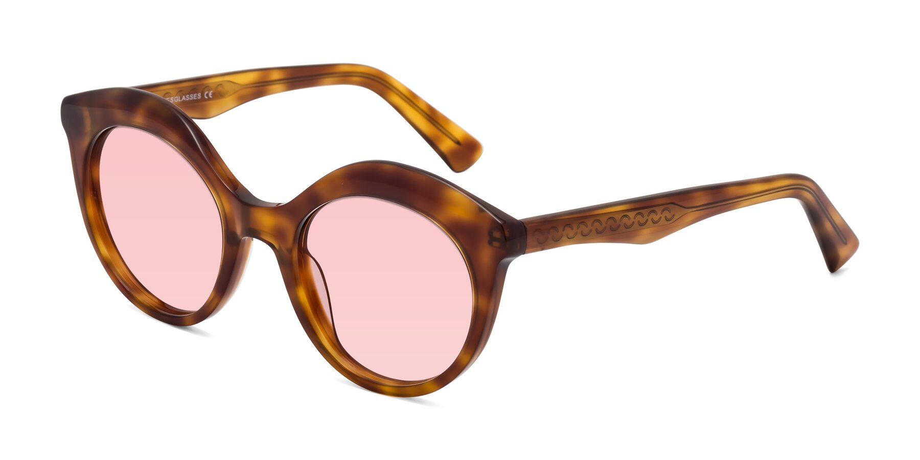 Angle of Barbie in Amber Tortoise with Light Garnet Tinted Lenses