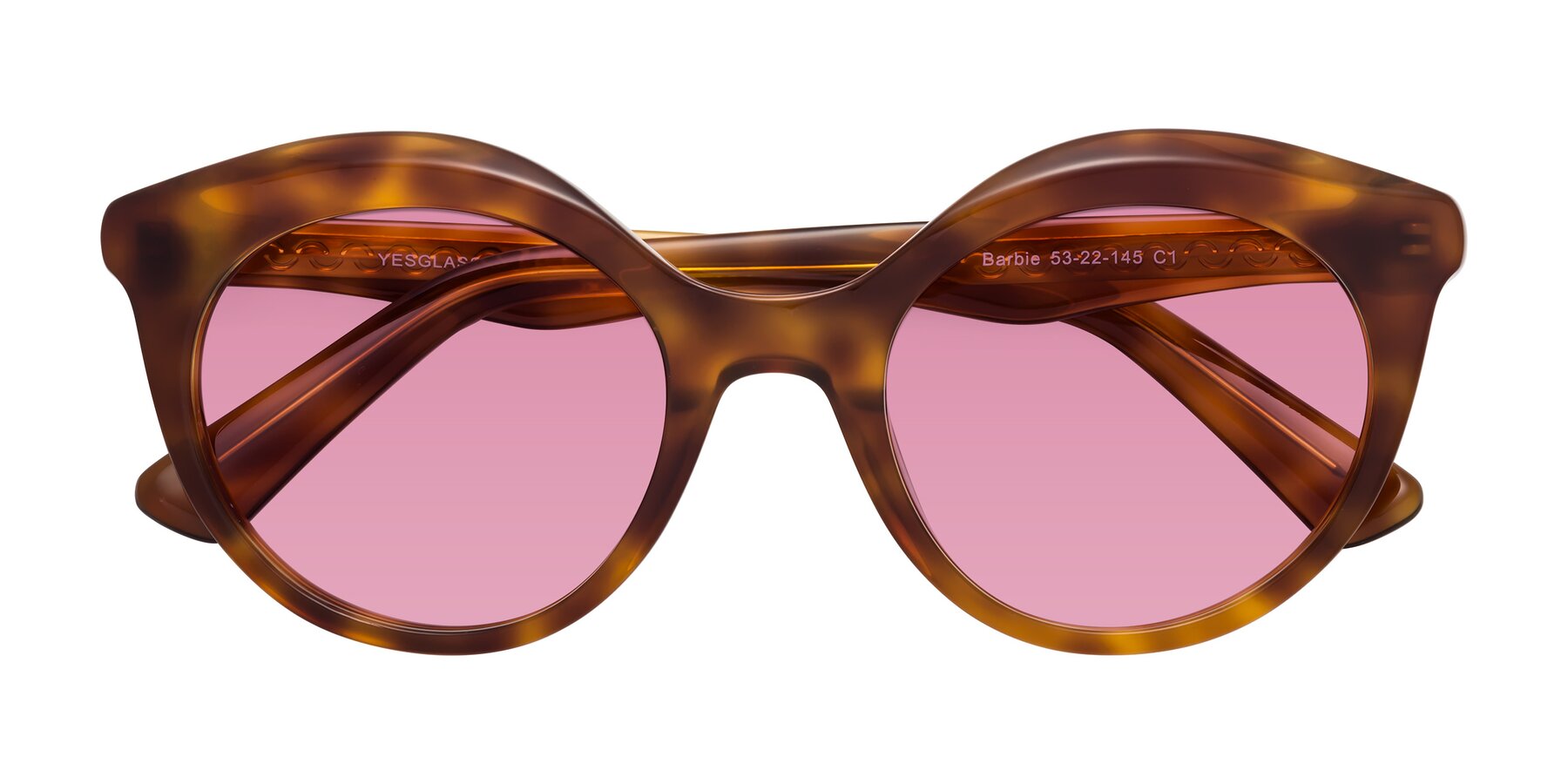 Folded Front of Barbie in Amber Tortoise with Medium Wine Tinted Lenses