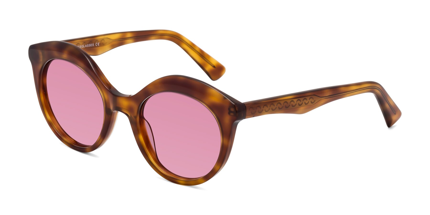 Angle of Barbie in Amber Tortoise with Medium Wine Tinted Lenses