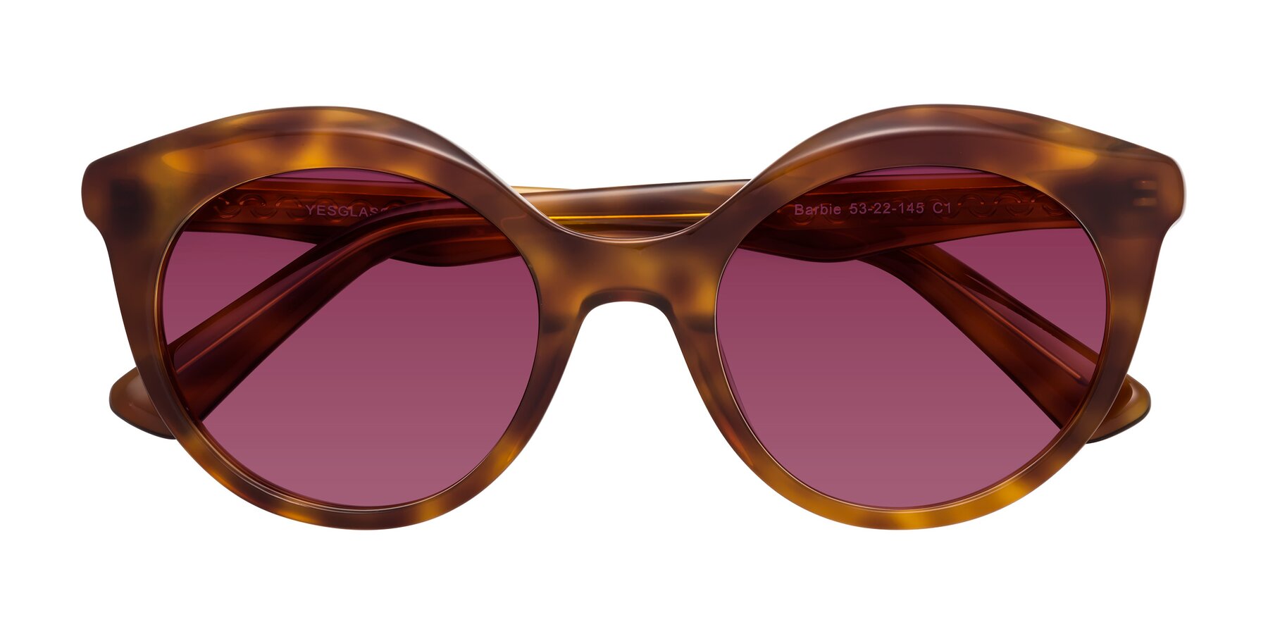 Folded Front of Barbie in Amber Tortoise with Wine Tinted Lenses