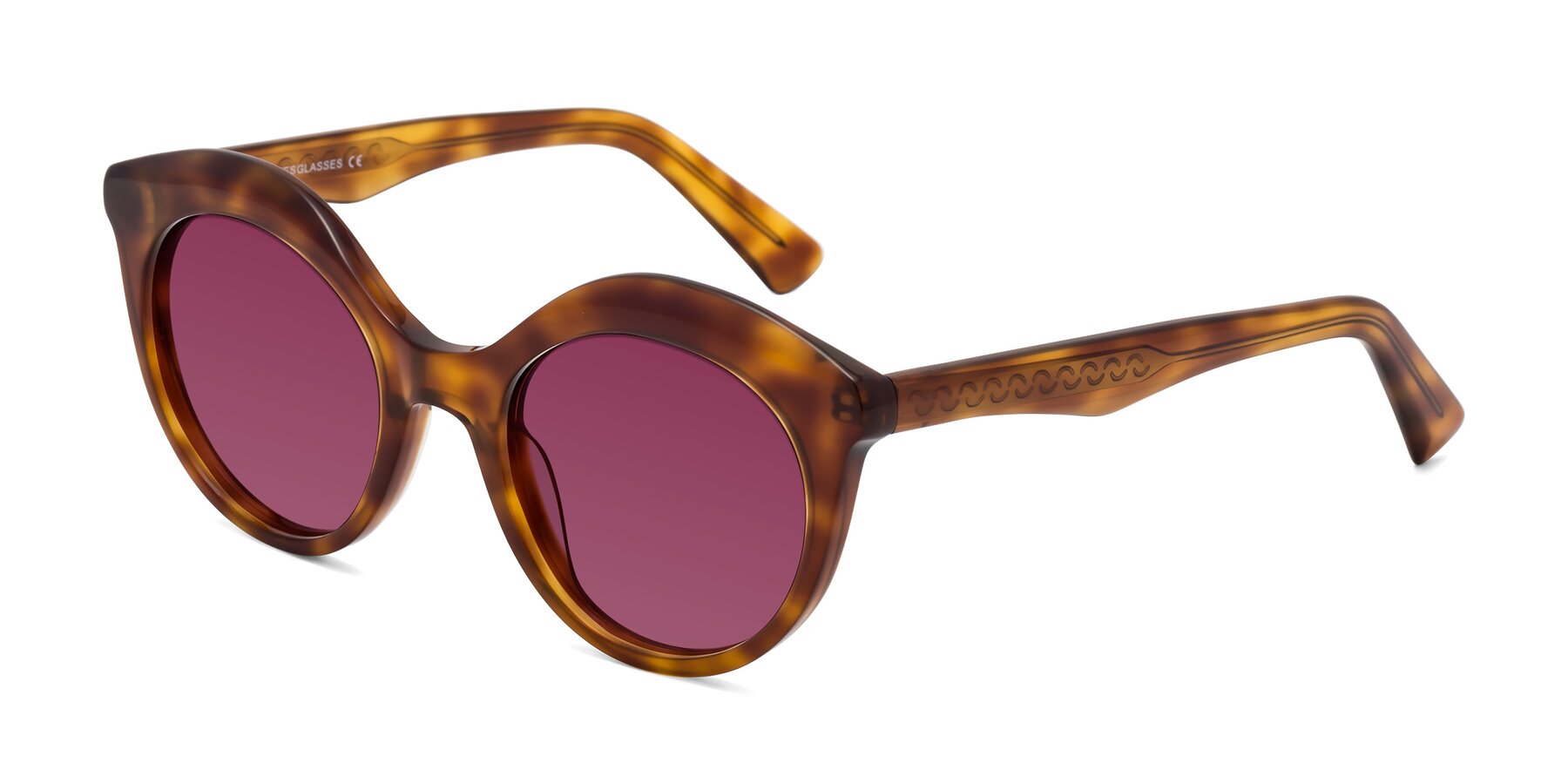 Angle of Barbie in Amber Tortoise with Wine Tinted Lenses