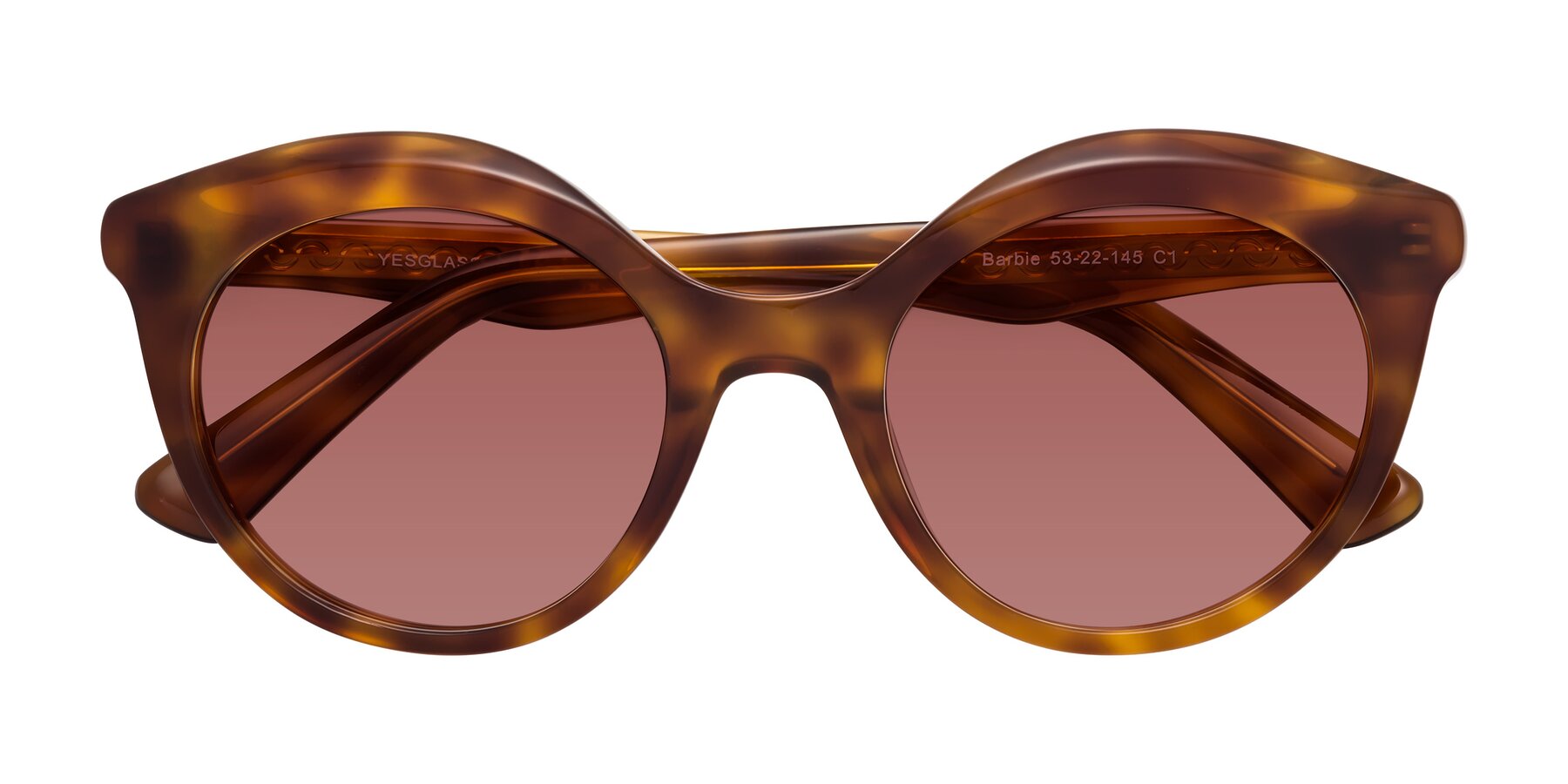 Folded Front of Barbie in Amber Tortoise with Garnet Tinted Lenses