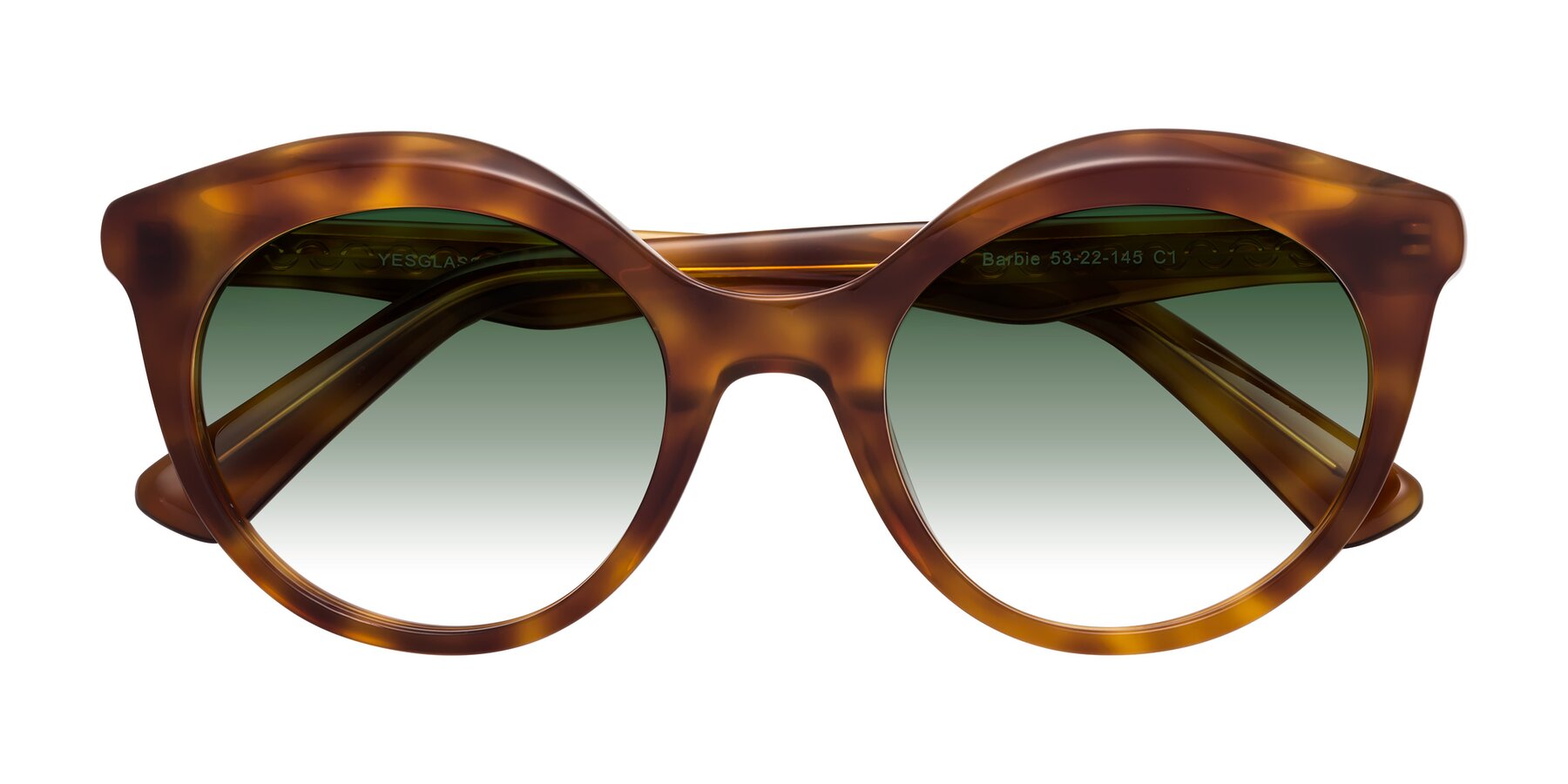 Folded Front of Barbie in Amber Tortoise with Green Gradient Lenses