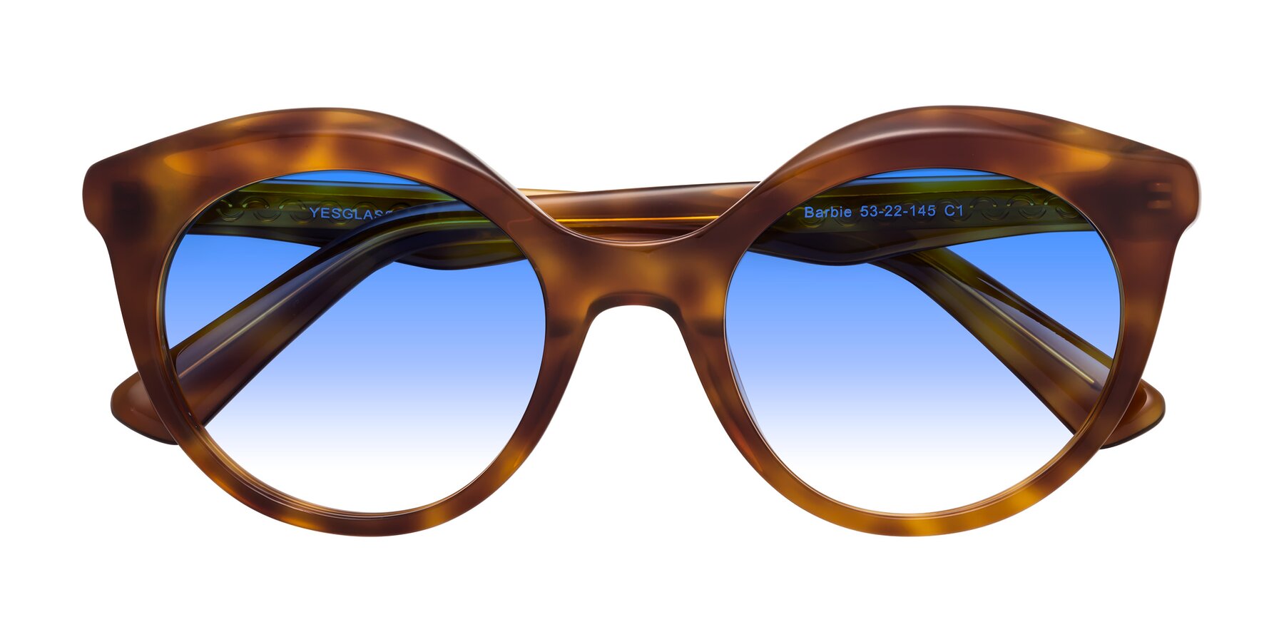 Folded Front of Barbie in Amber Tortoise with Blue Gradient Lenses