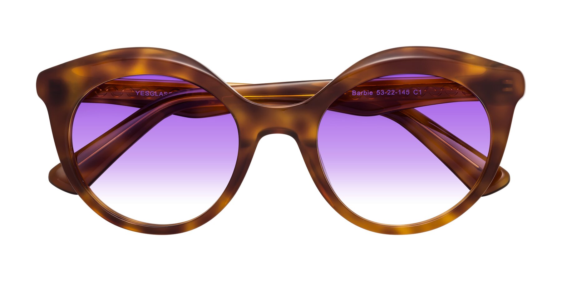 Folded Front of Barbie in Amber Tortoise with Purple Gradient Lenses