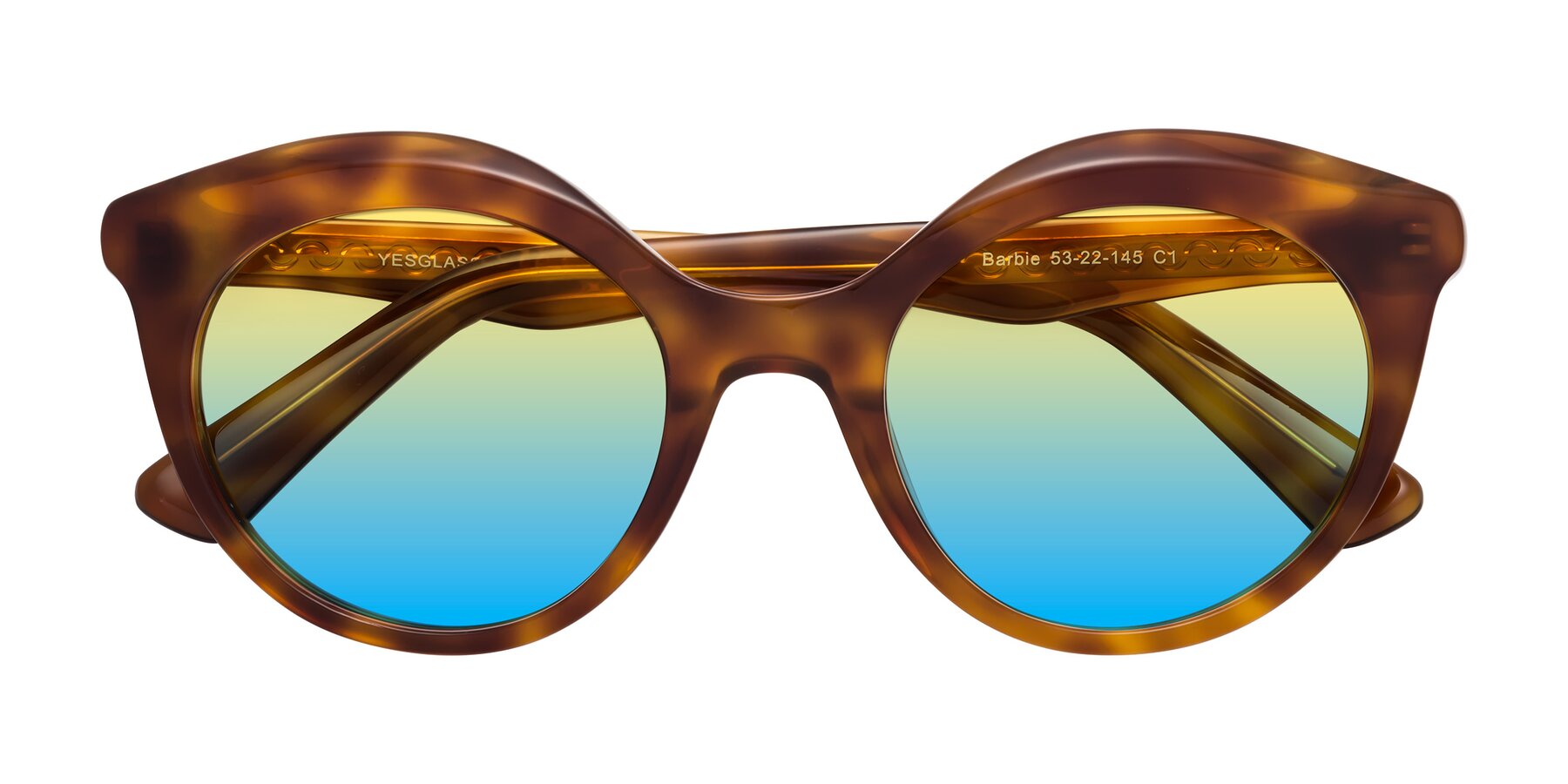 Folded Front of Barbie in Amber Tortoise with Yellow / Blue Gradient Lenses