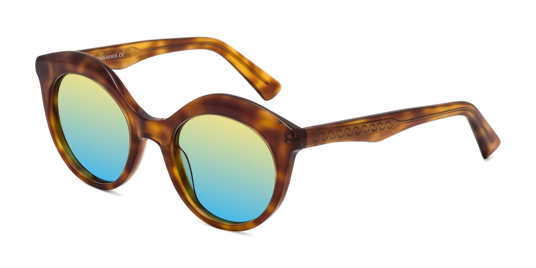 Angle of Barbie in Amber Tortoise with Yellow / Blue Gradient Lenses