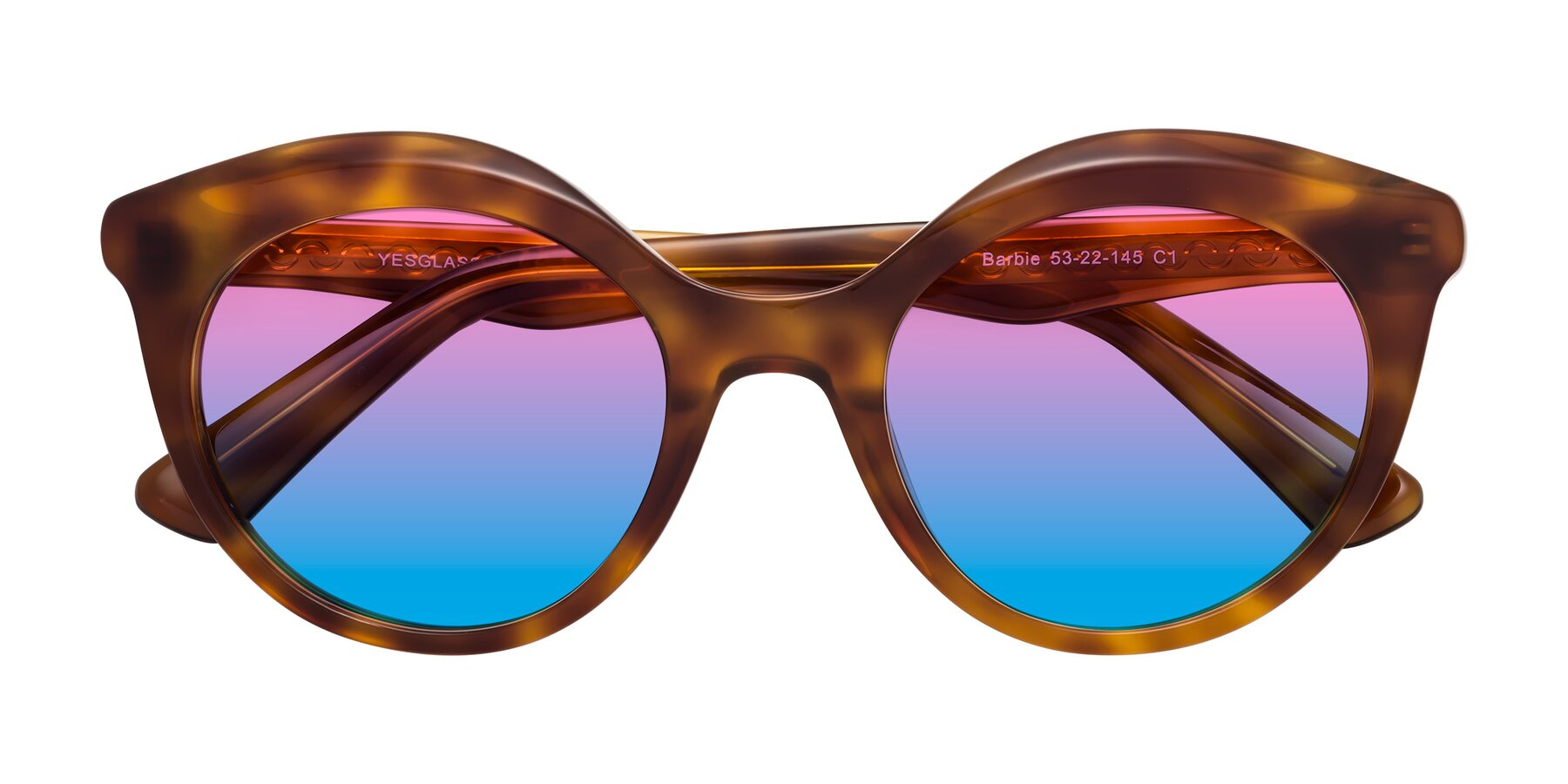 Folded Front of Barbie in Amber Tortoise with Pink / Blue Gradient Lenses