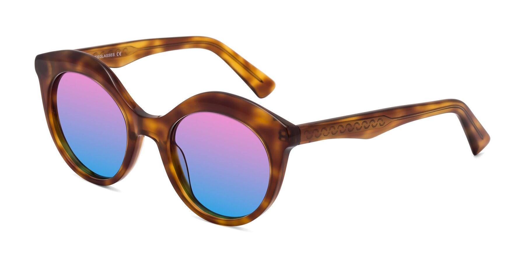 Angle of Barbie in Amber Tortoise with Pink / Blue Gradient Lenses