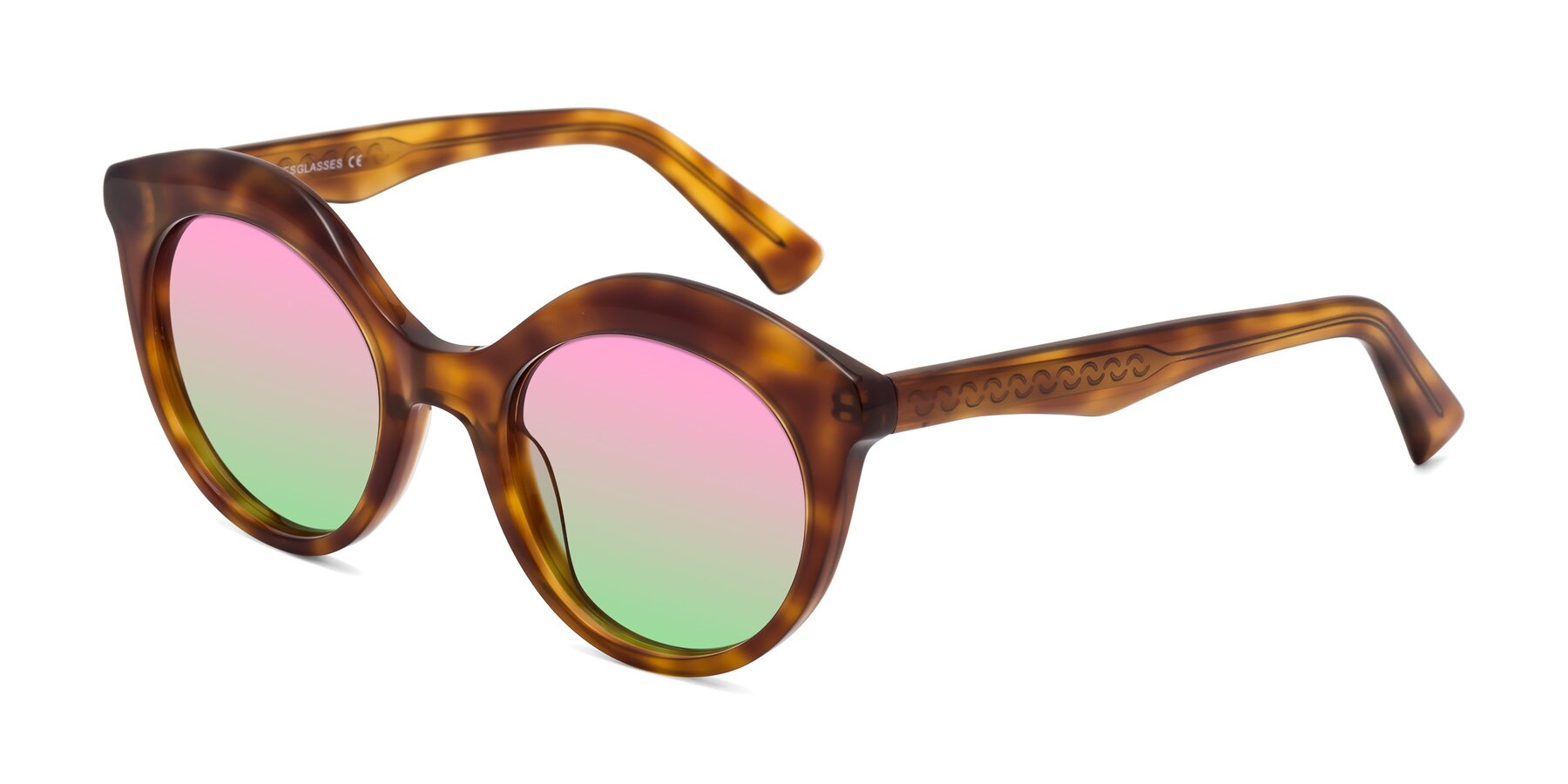 Angle of Barbie in Amber Tortoise with Pink / Green Gradient Lenses