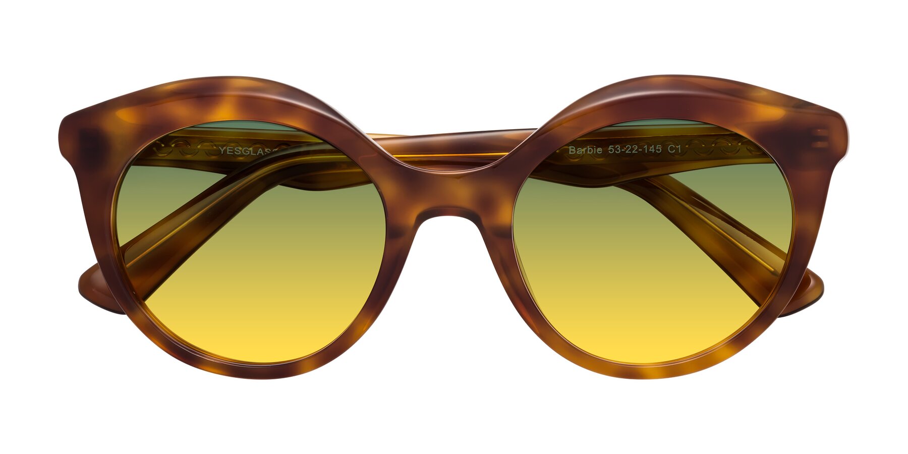 Folded Front of Barbie in Amber Tortoise with Green / Yellow Gradient Lenses