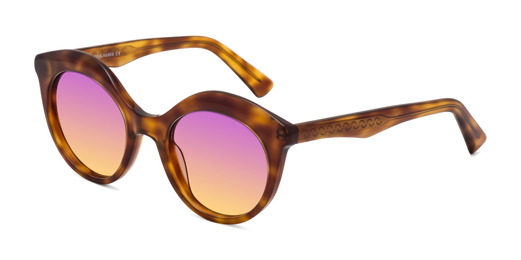 Angle of Barbie in Amber Tortoise with Purple / Yellow Gradient Lenses