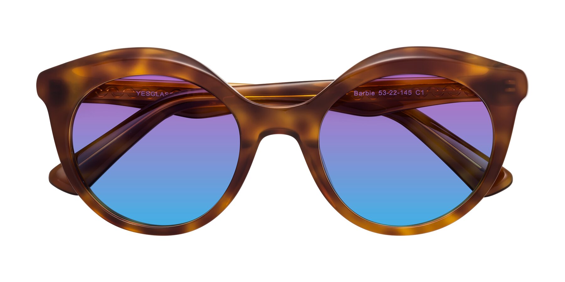 Folded Front of Barbie in Amber Tortoise with Purple / Blue Gradient Lenses