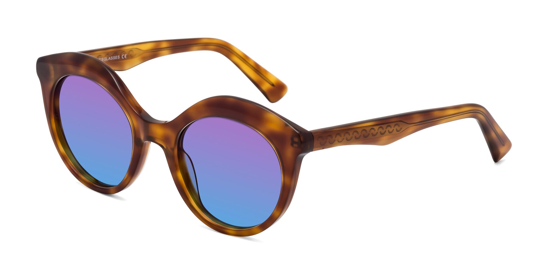 Angle of Barbie in Amber Tortoise with Purple / Blue Gradient Lenses