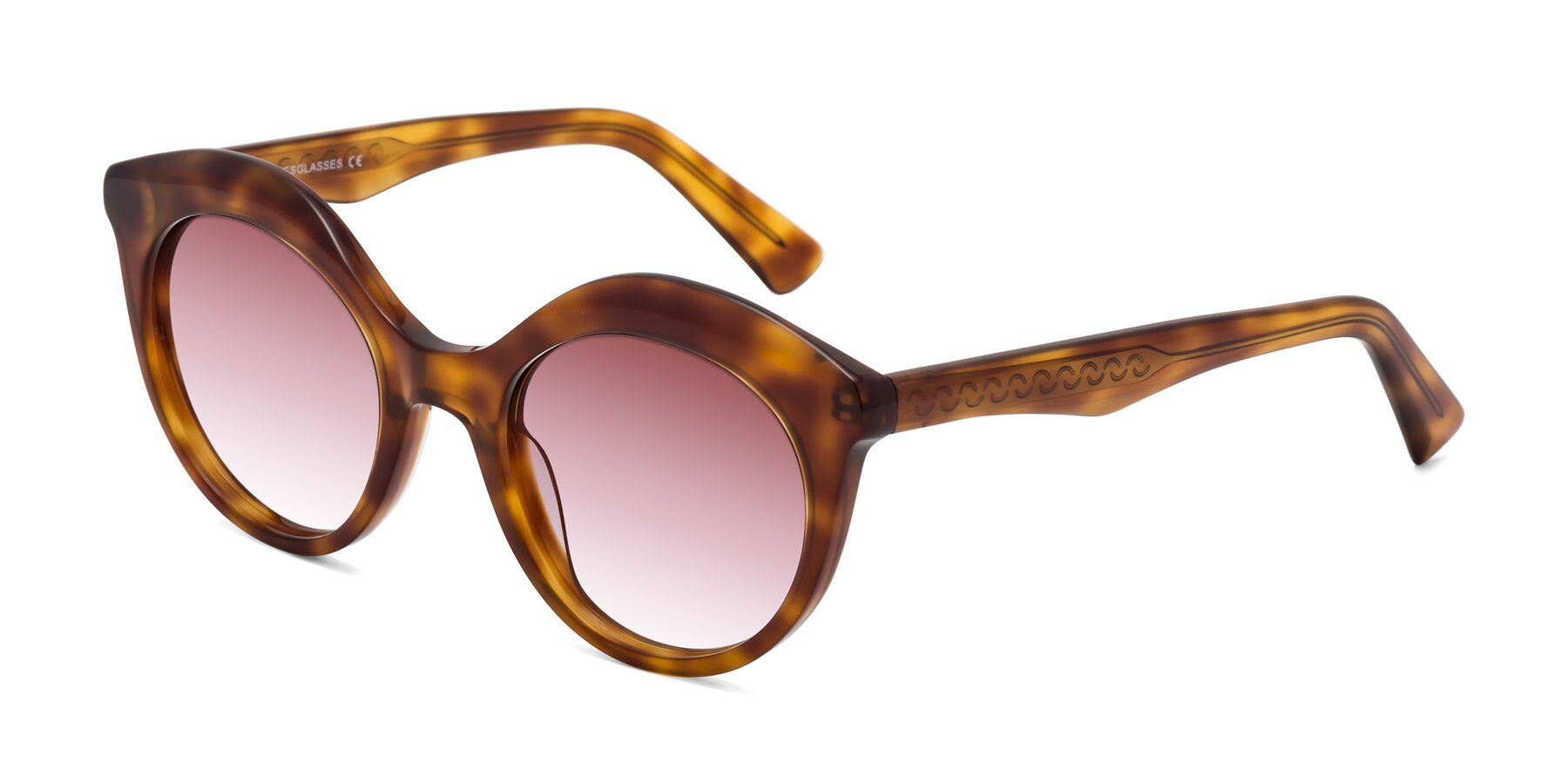 Angle of Barbie in Amber Tortoise with Garnet Gradient Lenses