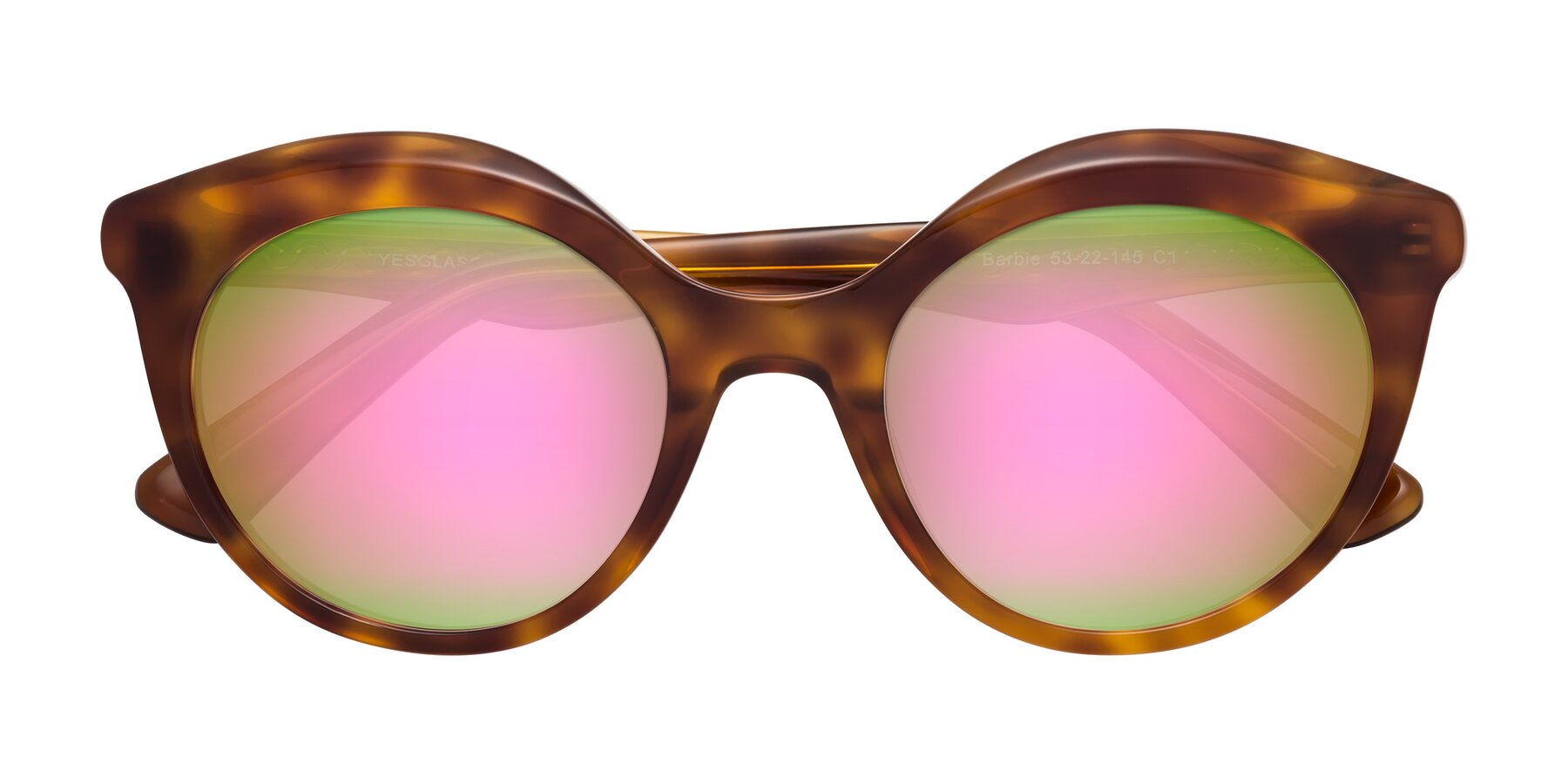 Folded Front of Barbie in Amber Tortoise with Pink Mirrored Lenses