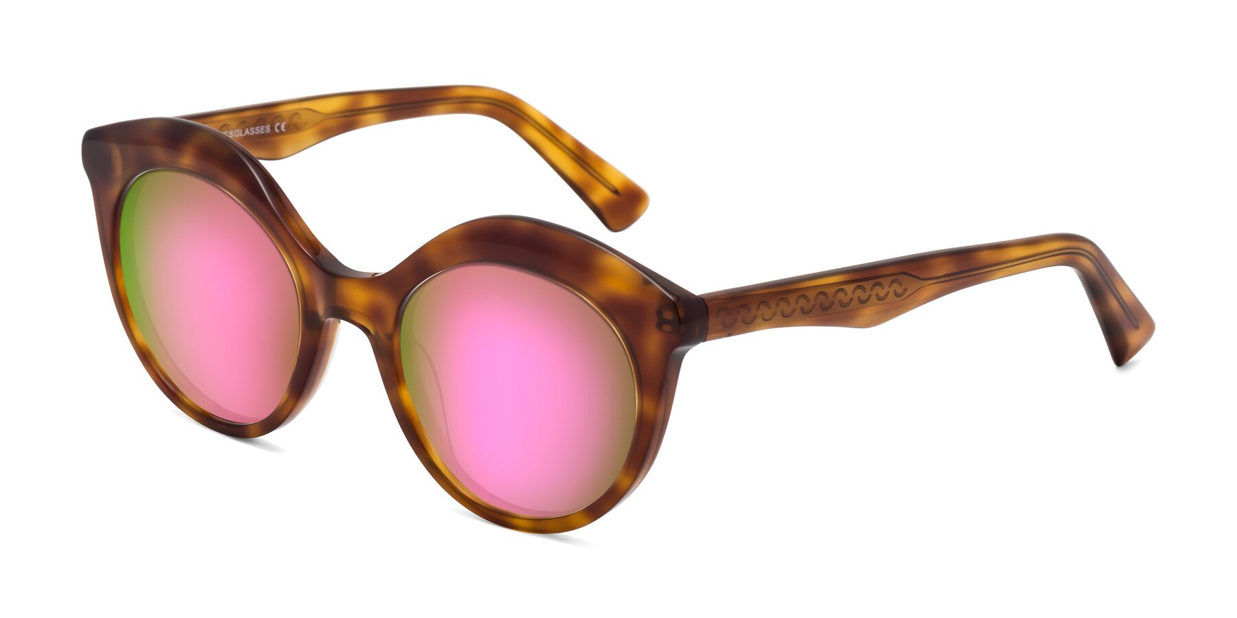 Angle of Barbie in Amber Tortoise with Pink Mirrored Lenses