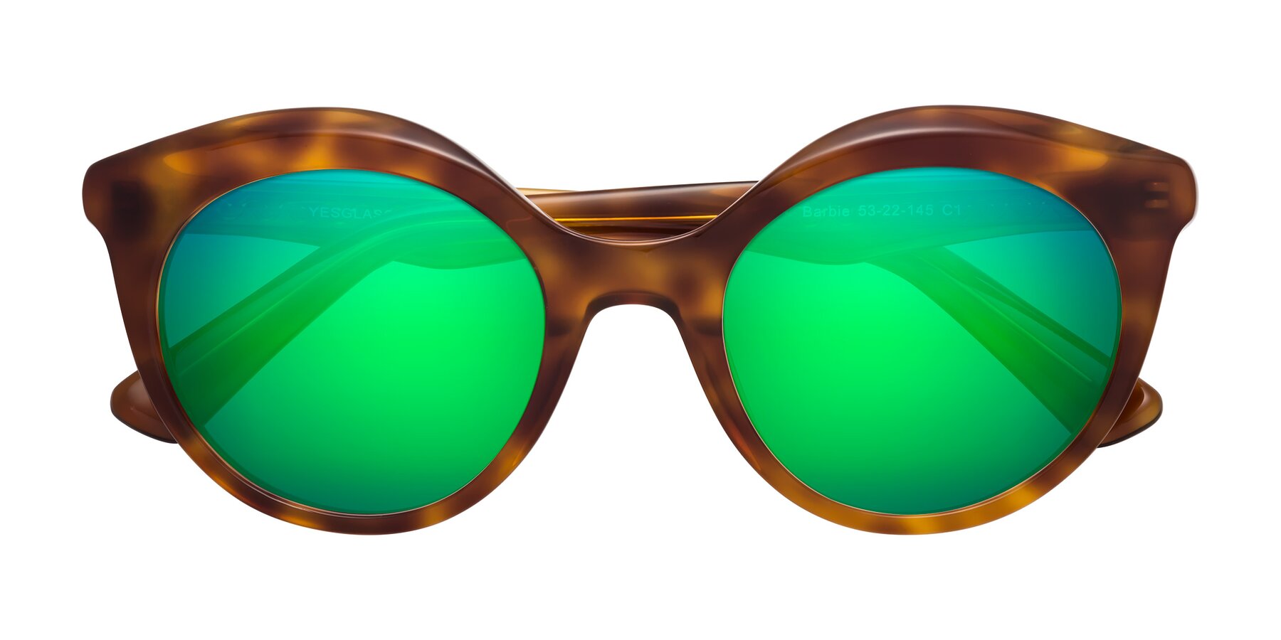 Folded Front of Barbie in Amber Tortoise with Green Mirrored Lenses