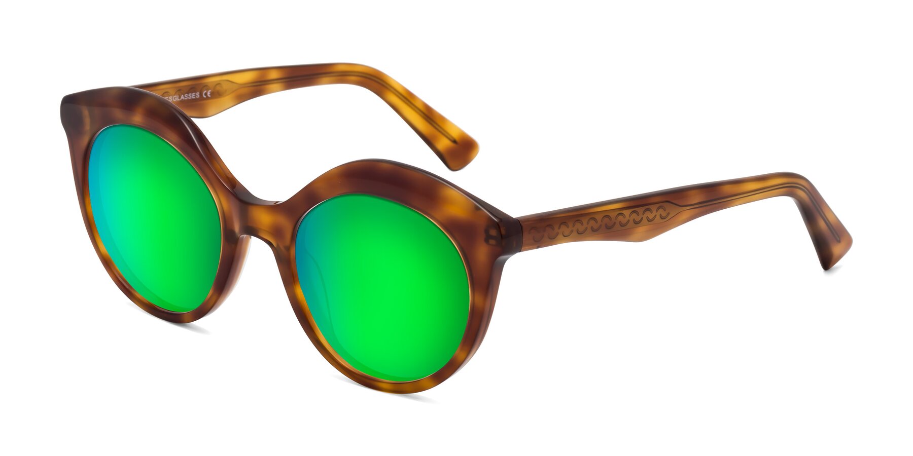 Angle of Barbie in Amber Tortoise with Green Mirrored Lenses