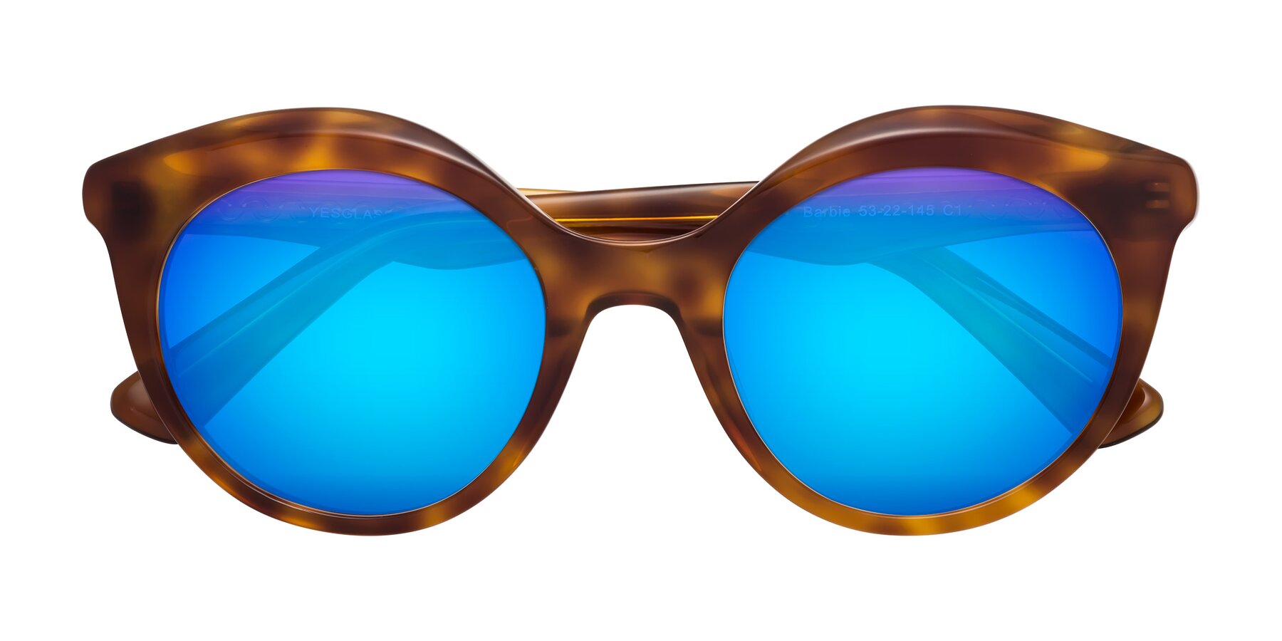 Folded Front of Barbie in Amber Tortoise with Blue Mirrored Lenses