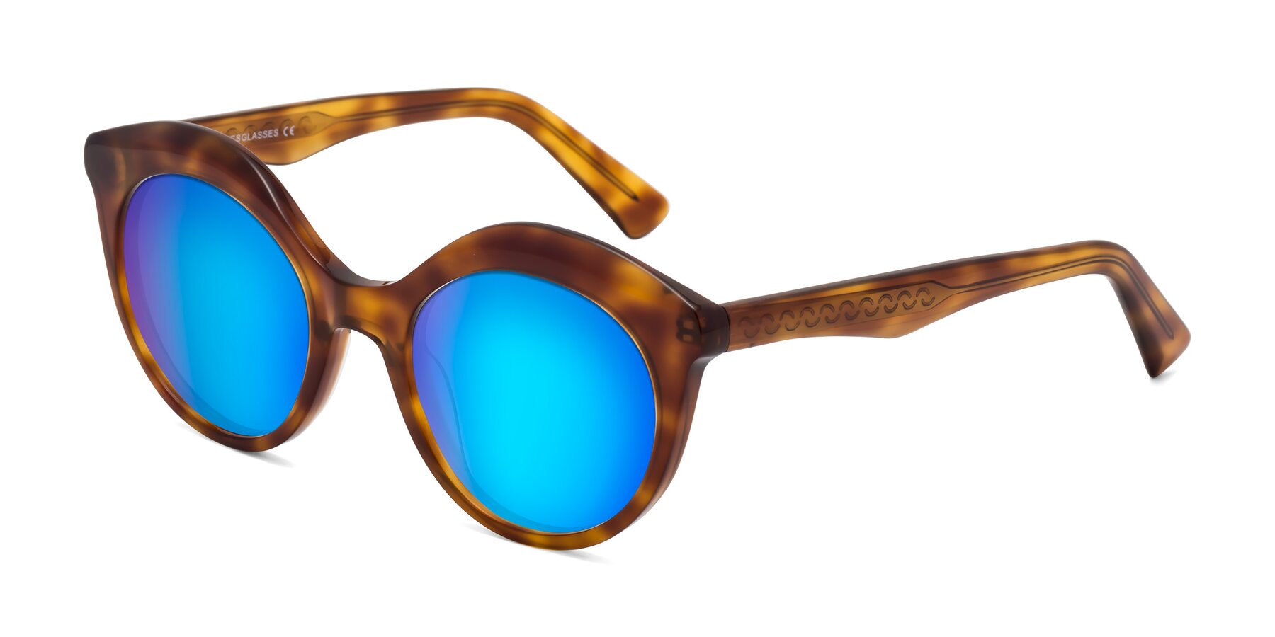 Angle of Barbie in Amber Tortoise with Blue Mirrored Lenses