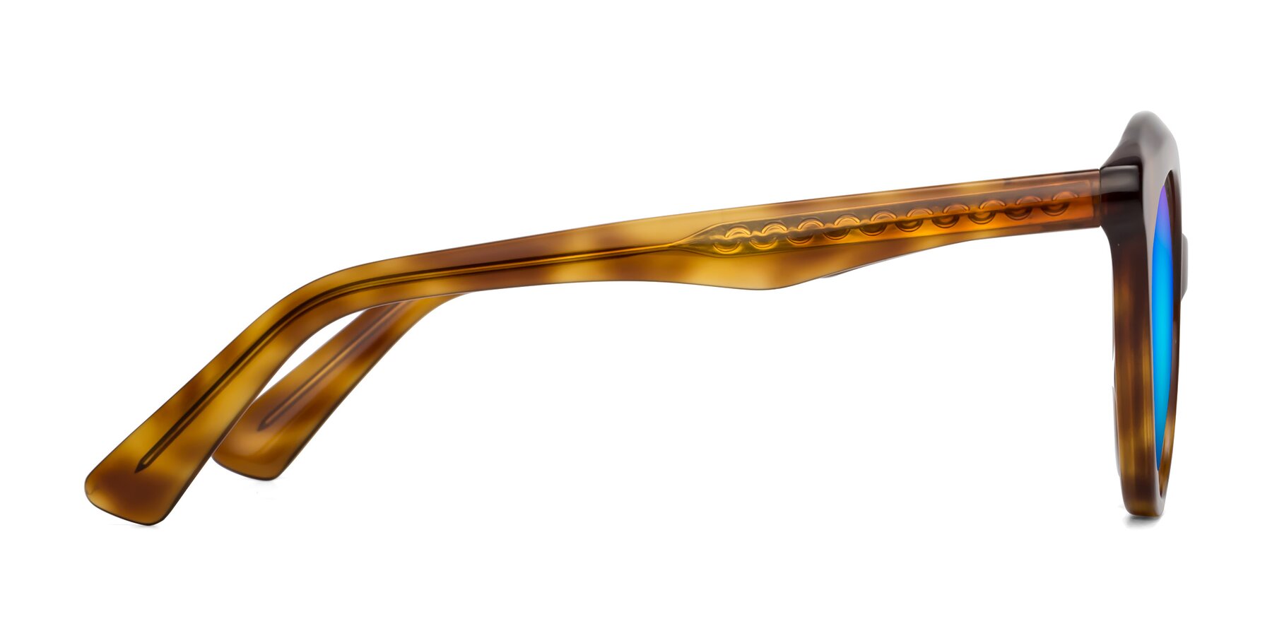 Side of Barbie in Amber Tortoise with Blue Mirrored Lenses