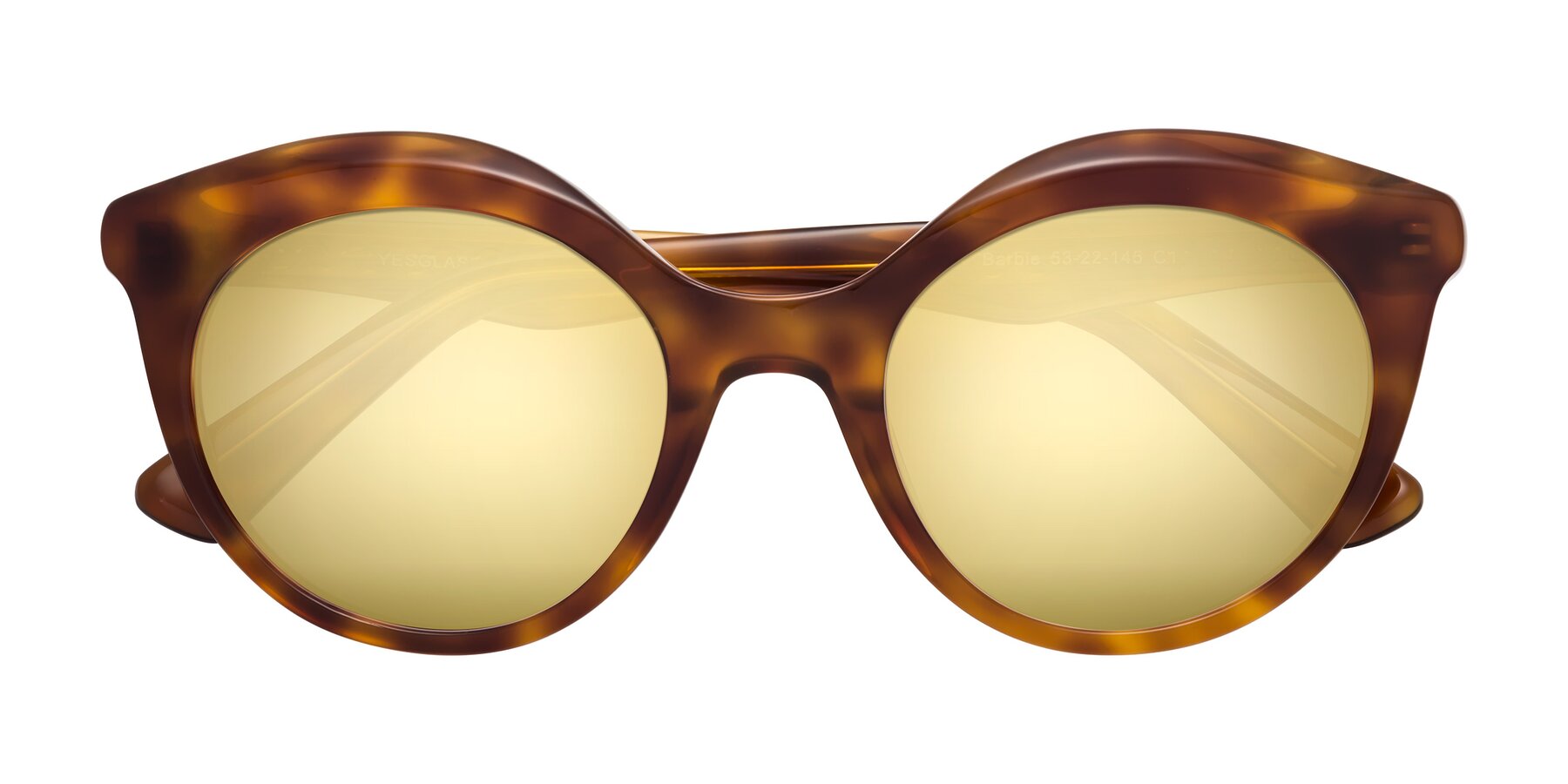 Folded Front of Barbie in Amber Tortoise with Gold Mirrored Lenses