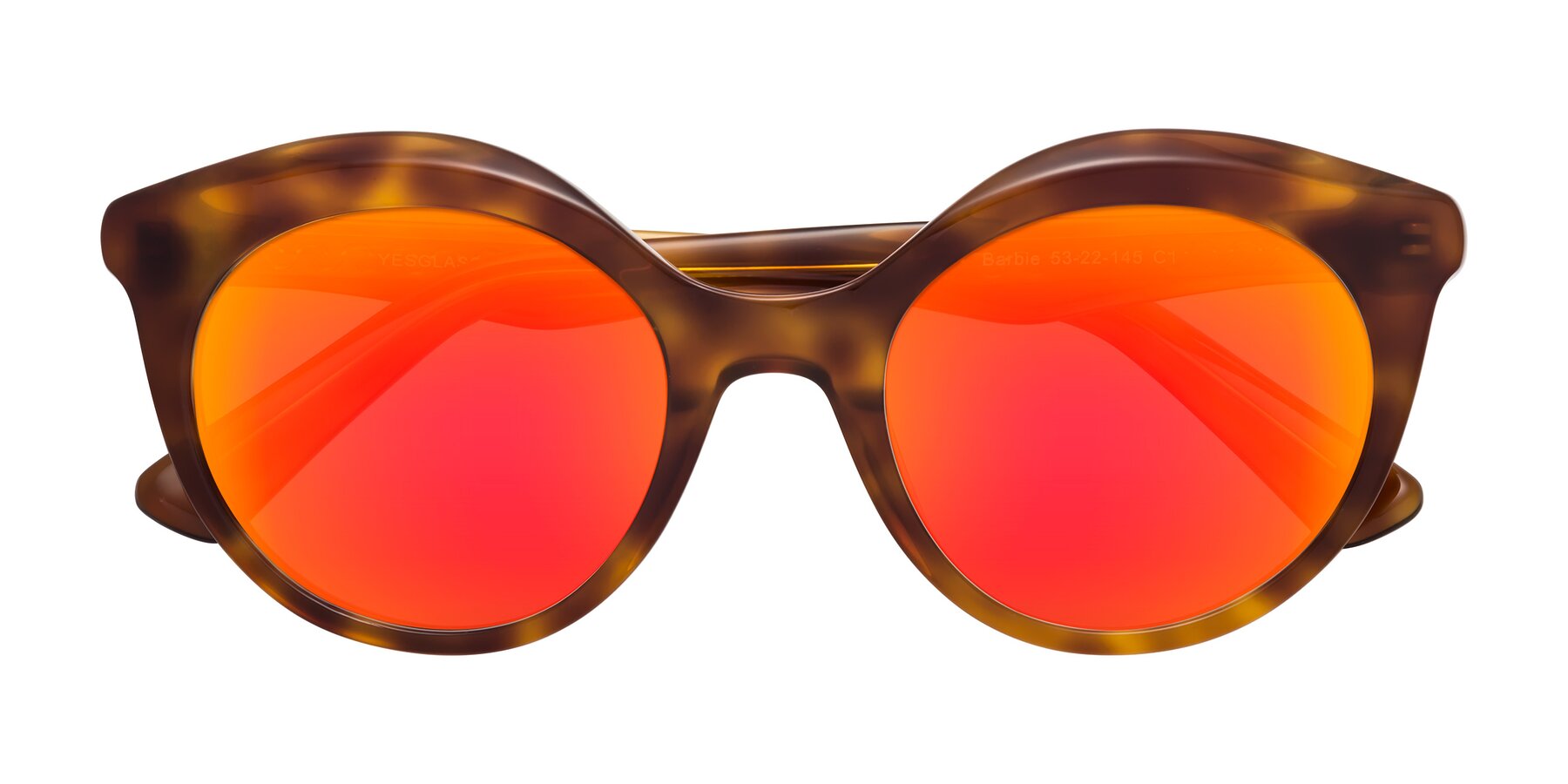 Folded Front of Barbie in Amber Tortoise with Red Gold Mirrored Lenses