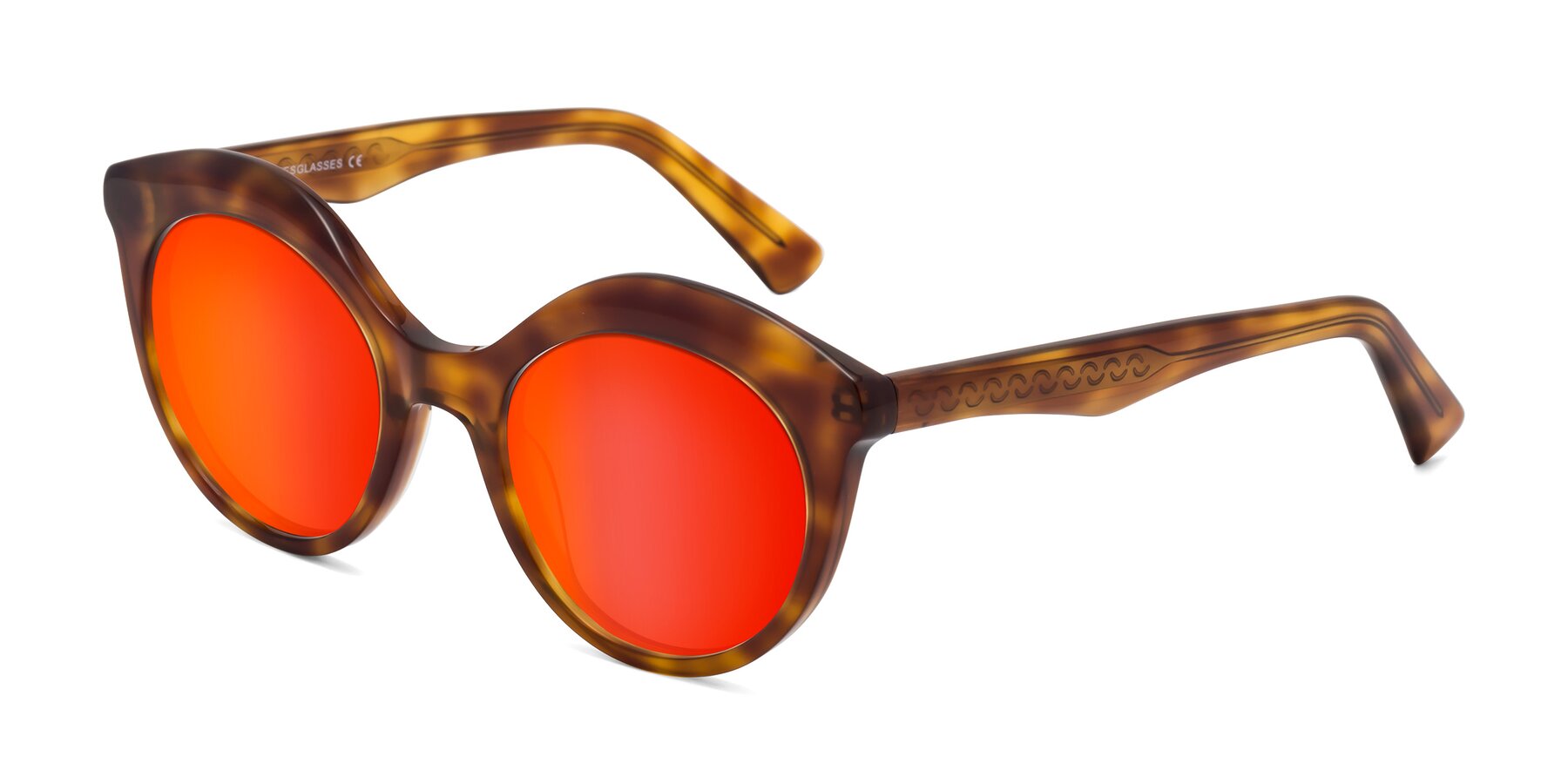 Angle of Barbie in Amber Tortoise with Red Gold Mirrored Lenses