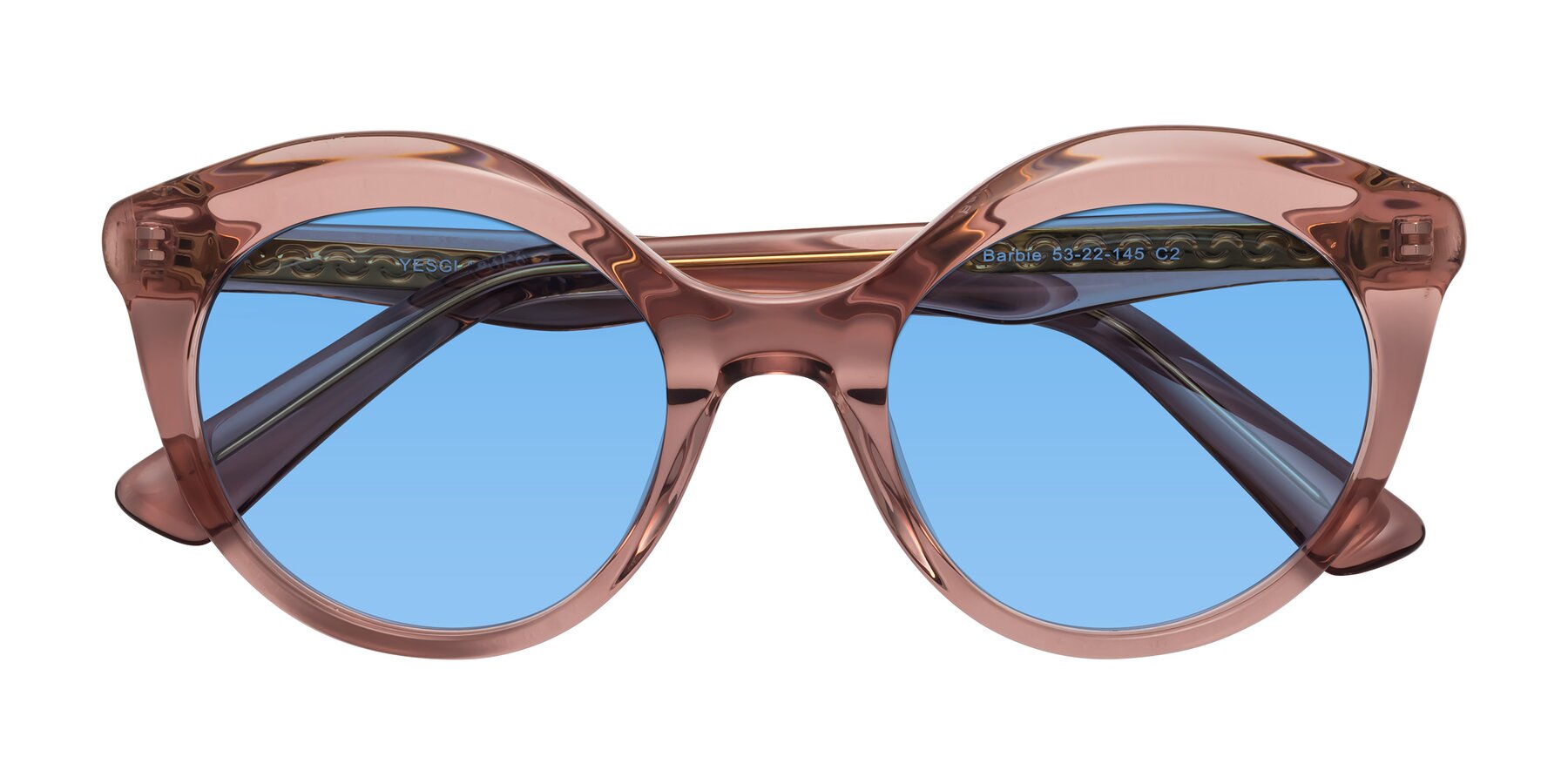 Folded Front of Barbie in Translucent Garnet with Medium Blue Tinted Lenses