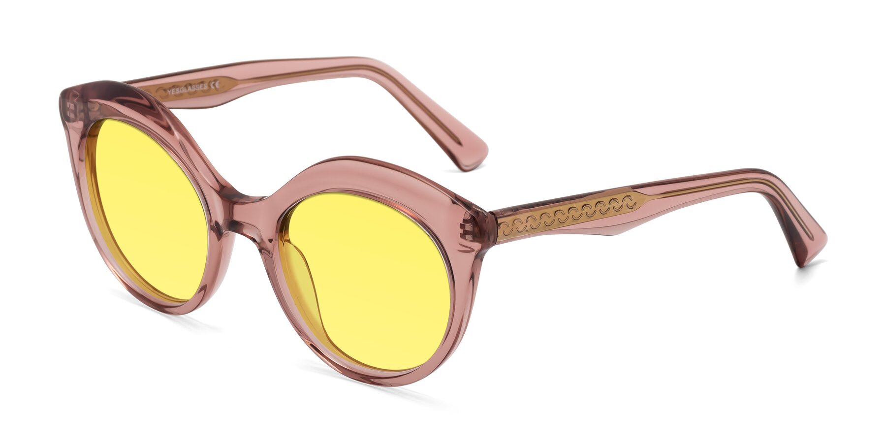 Angle of Barbie in Translucent Garnet with Medium Yellow Tinted Lenses