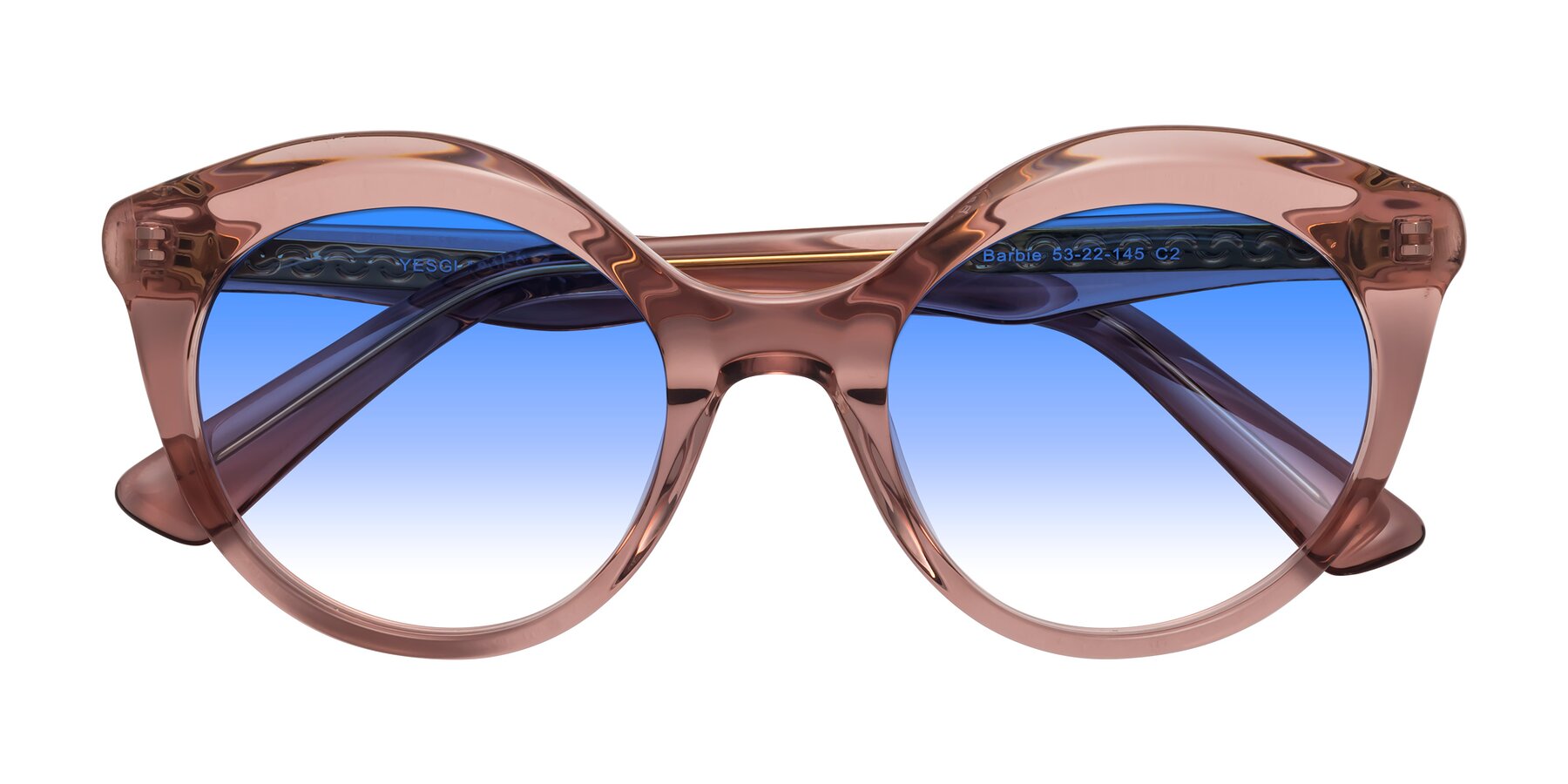 Folded Front of Barbie in Translucent Garnet with Blue Gradient Lenses