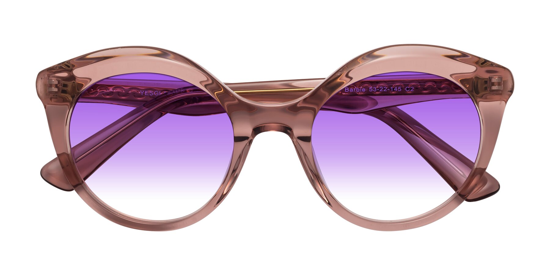 Folded Front of Barbie in Translucent Garnet with Purple Gradient Lenses