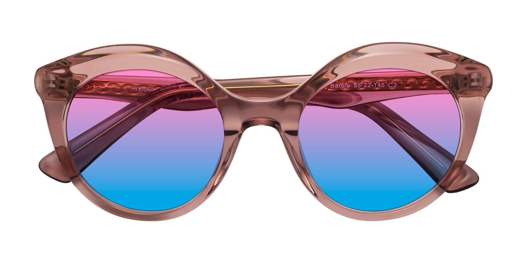 Folded Front of Barbie in Translucent Garnet with Pink / Blue Gradient Lenses